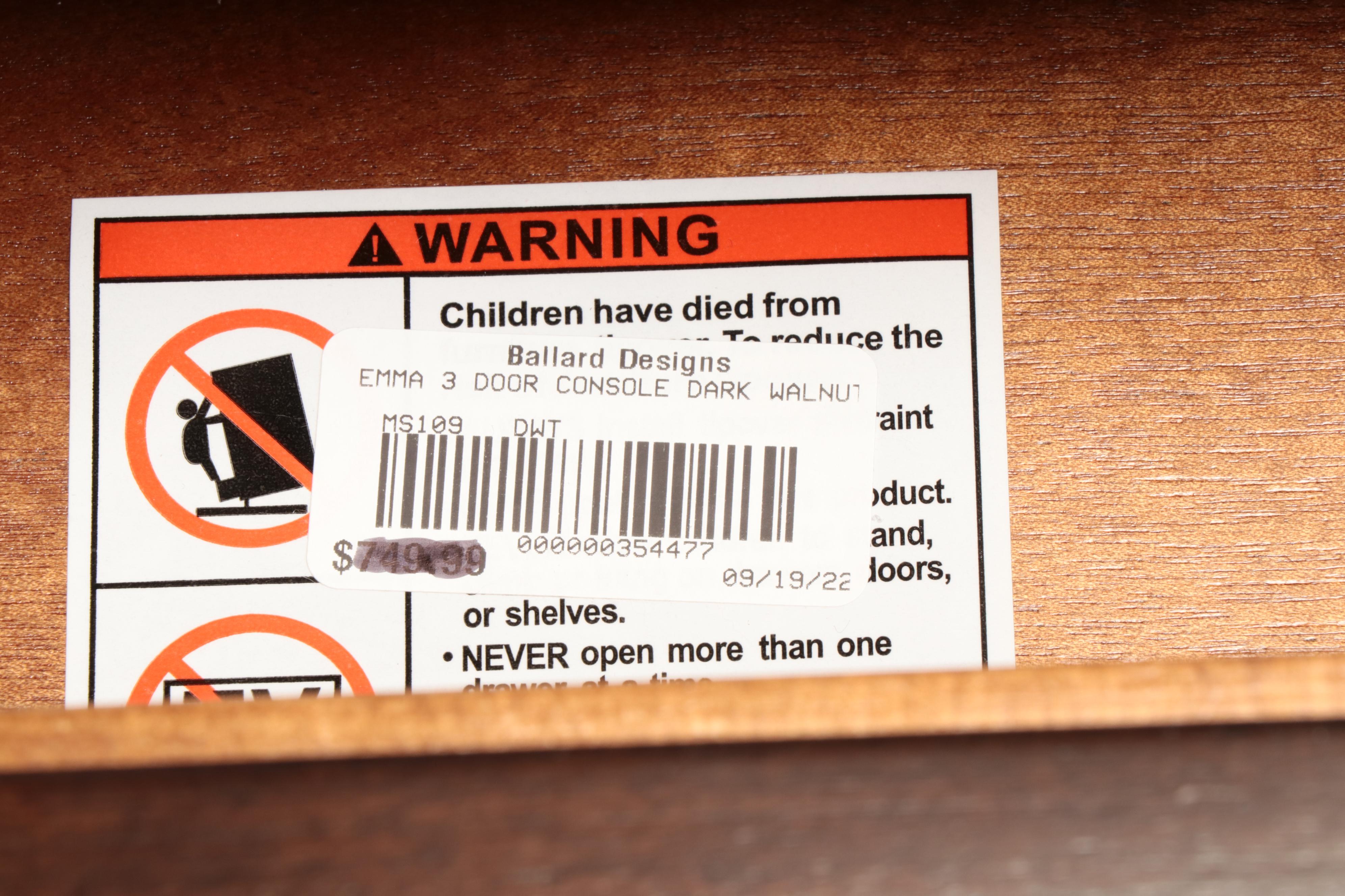 Ballard Designs "Emma" Three-Drawer Console Cabinet in Dark Walnut Finish