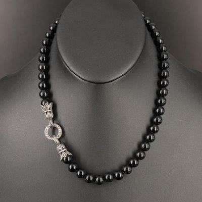 Black Onyx Necklace with Sterling Marcasite Clasp