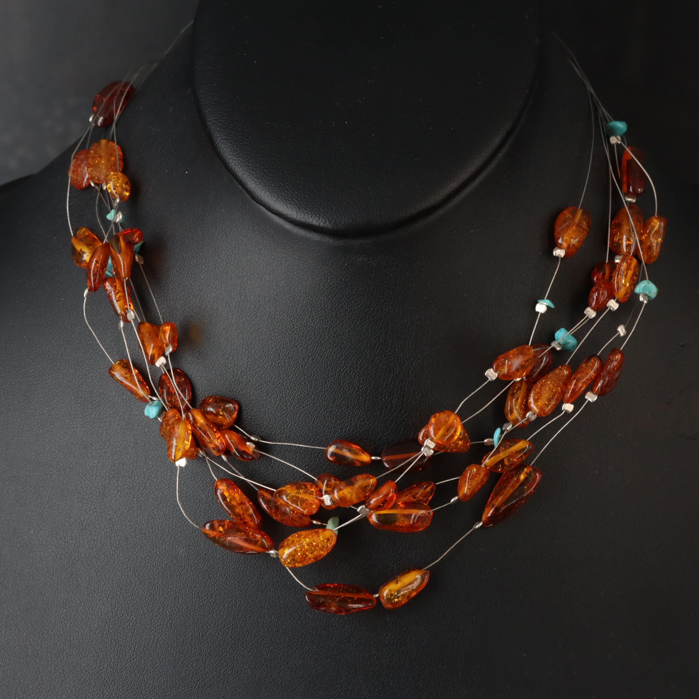 Multi-Strand Amber and Turquoise Necklace
