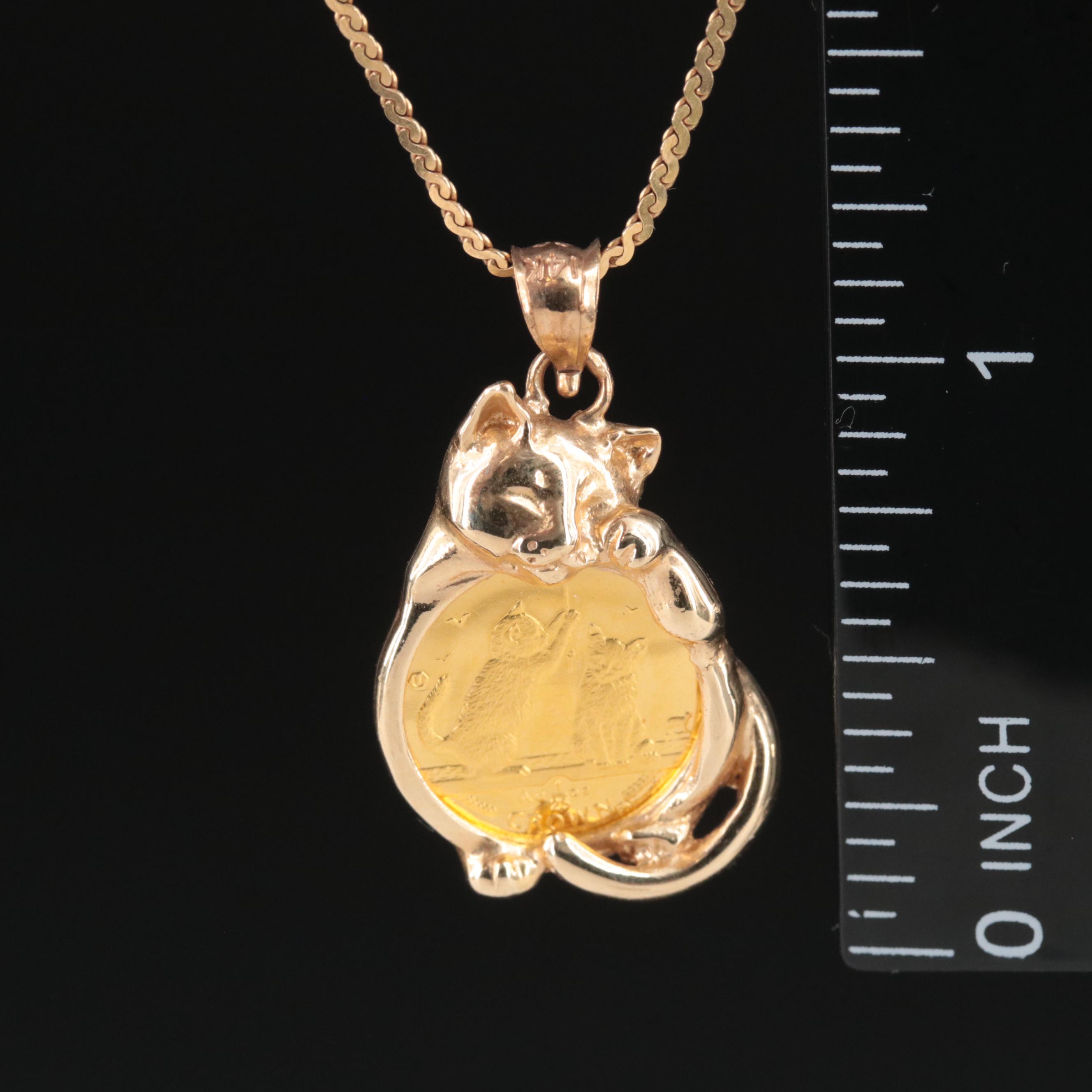 14K Cat Pendant on Serpentine Chain with 2001 Isle of Man Crown Gold Cat Coin