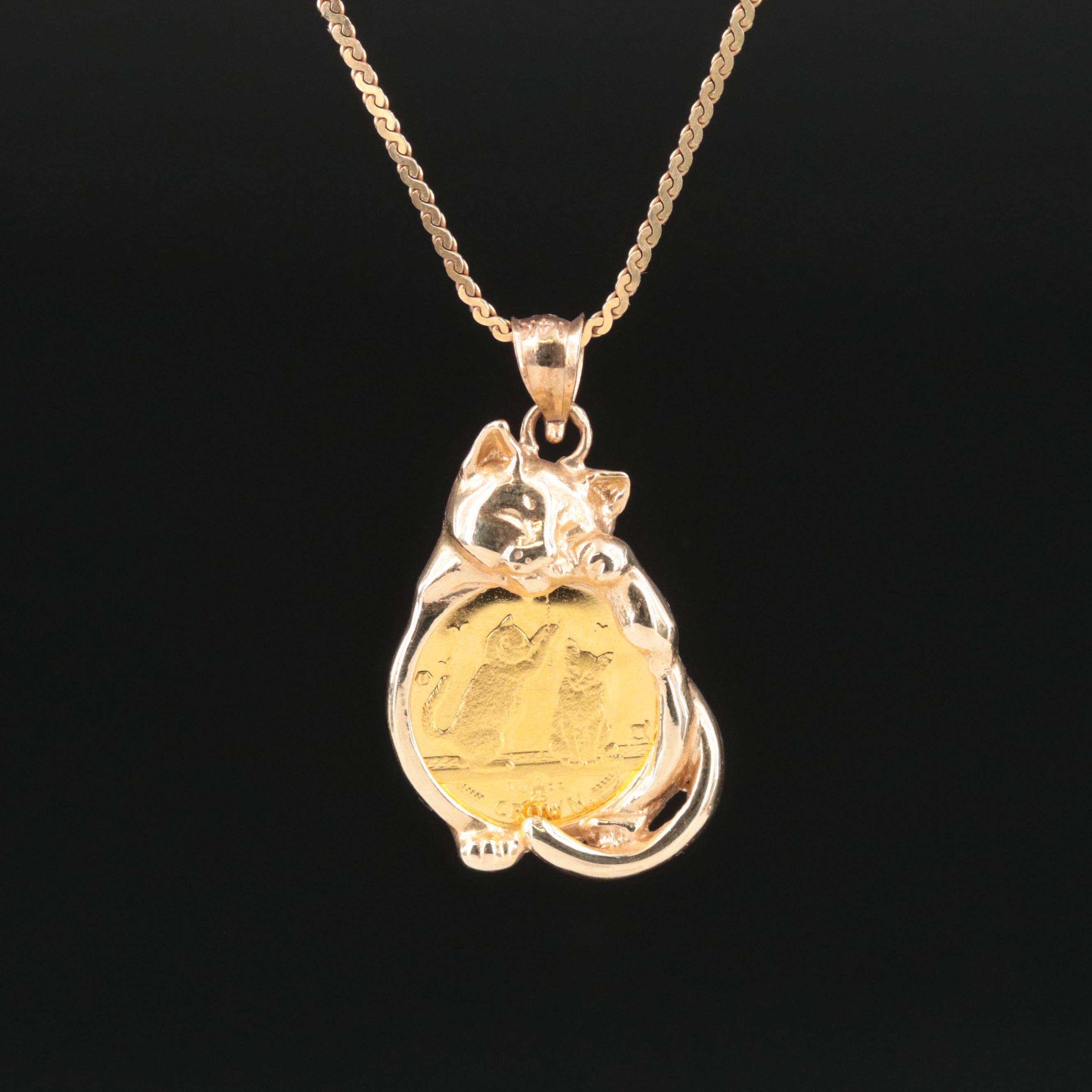 14K Cat Pendant on Serpentine Chain with 2001 Isle of Man Crown Gold Cat Coin