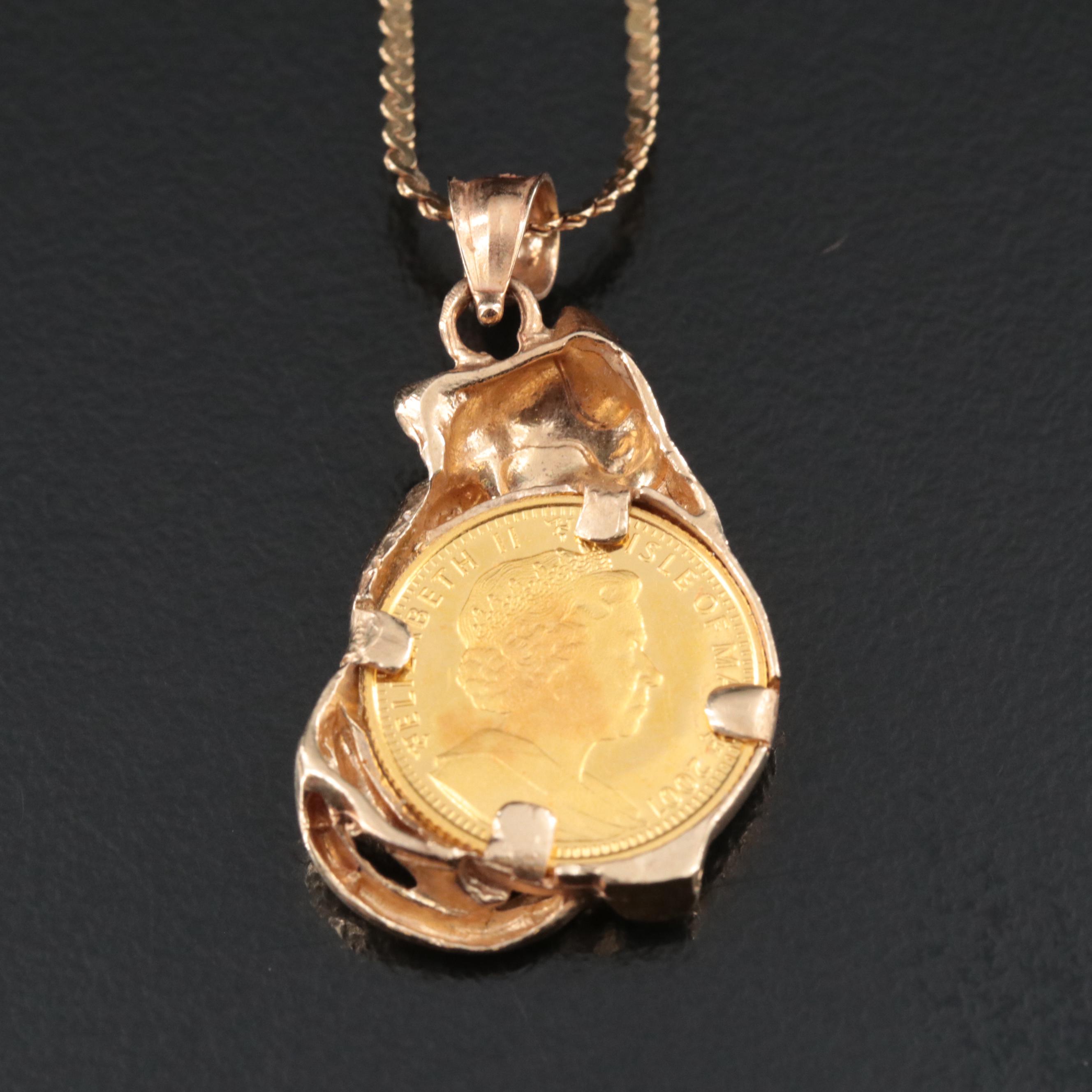14K Cat Pendant on Serpentine Chain with 2001 Isle of Man Crown Gold Cat Coin