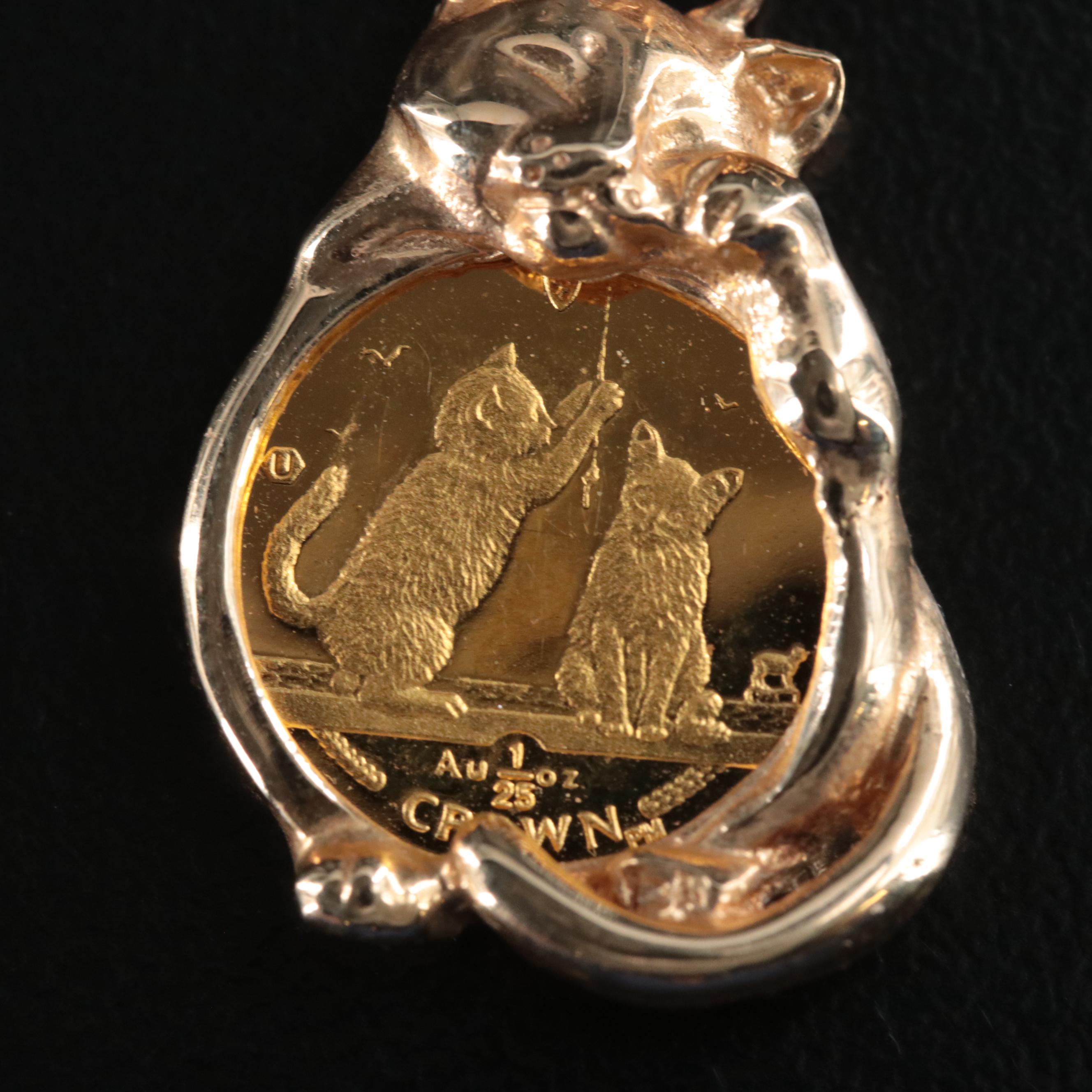 14K Cat Pendant on Serpentine Chain with 2001 Isle of Man Crown Gold Cat Coin