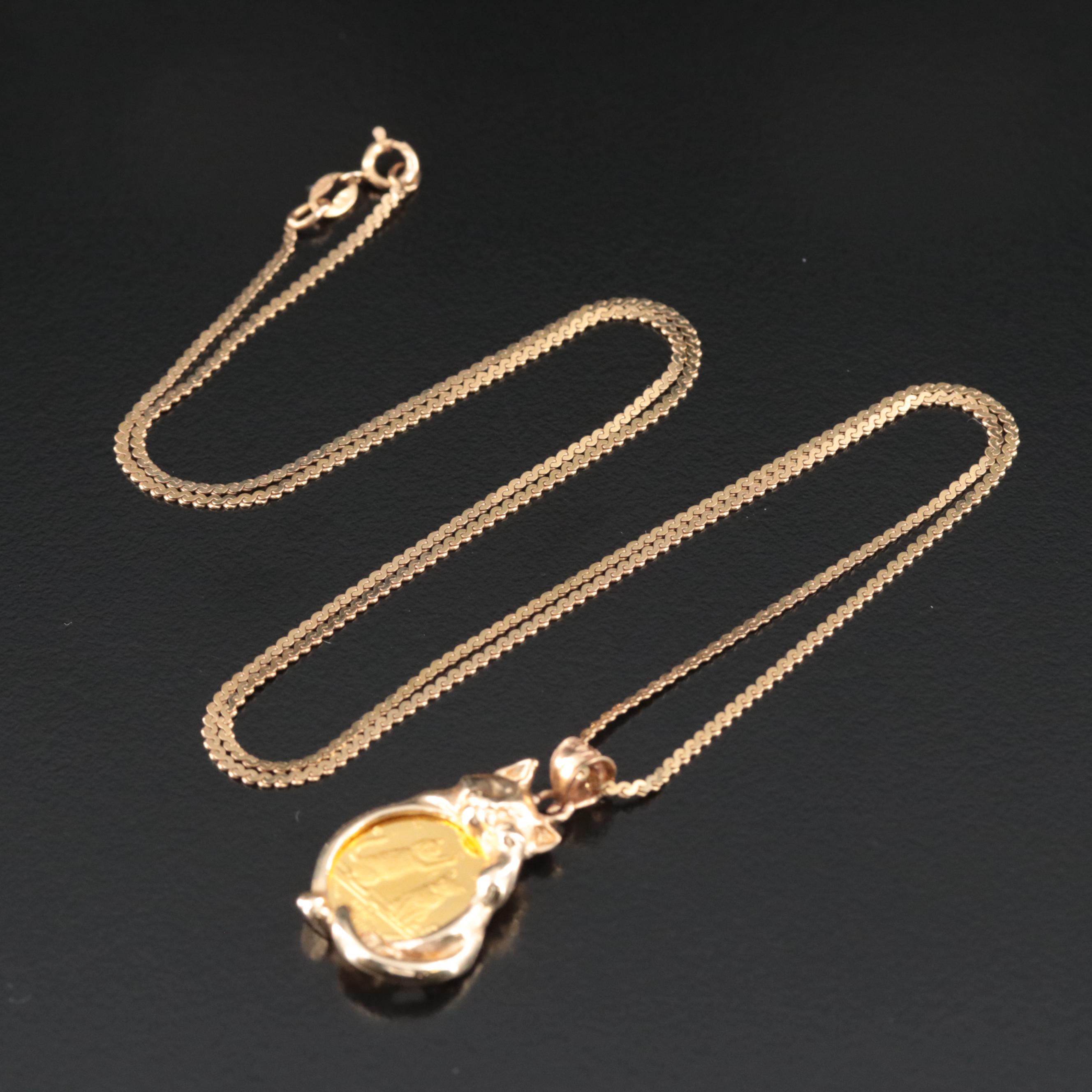 14K Cat Pendant on Serpentine Chain with 2001 Isle of Man Crown Gold Cat Coin