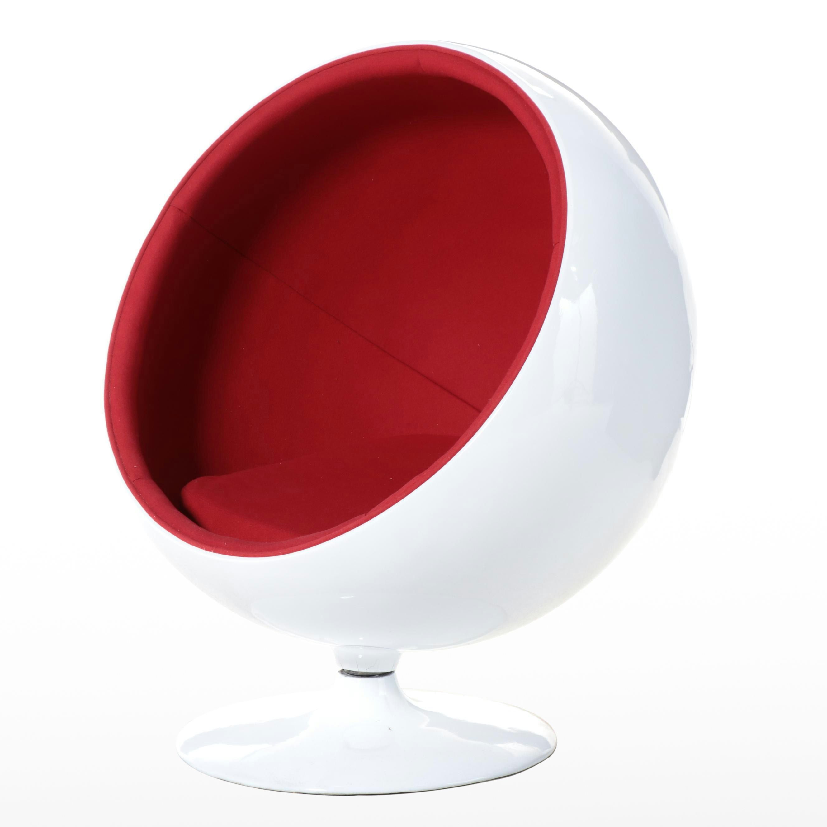 Modernist Style White Fiberglass and Red Wool Ball Chair, Manner of Eero Aarnio
