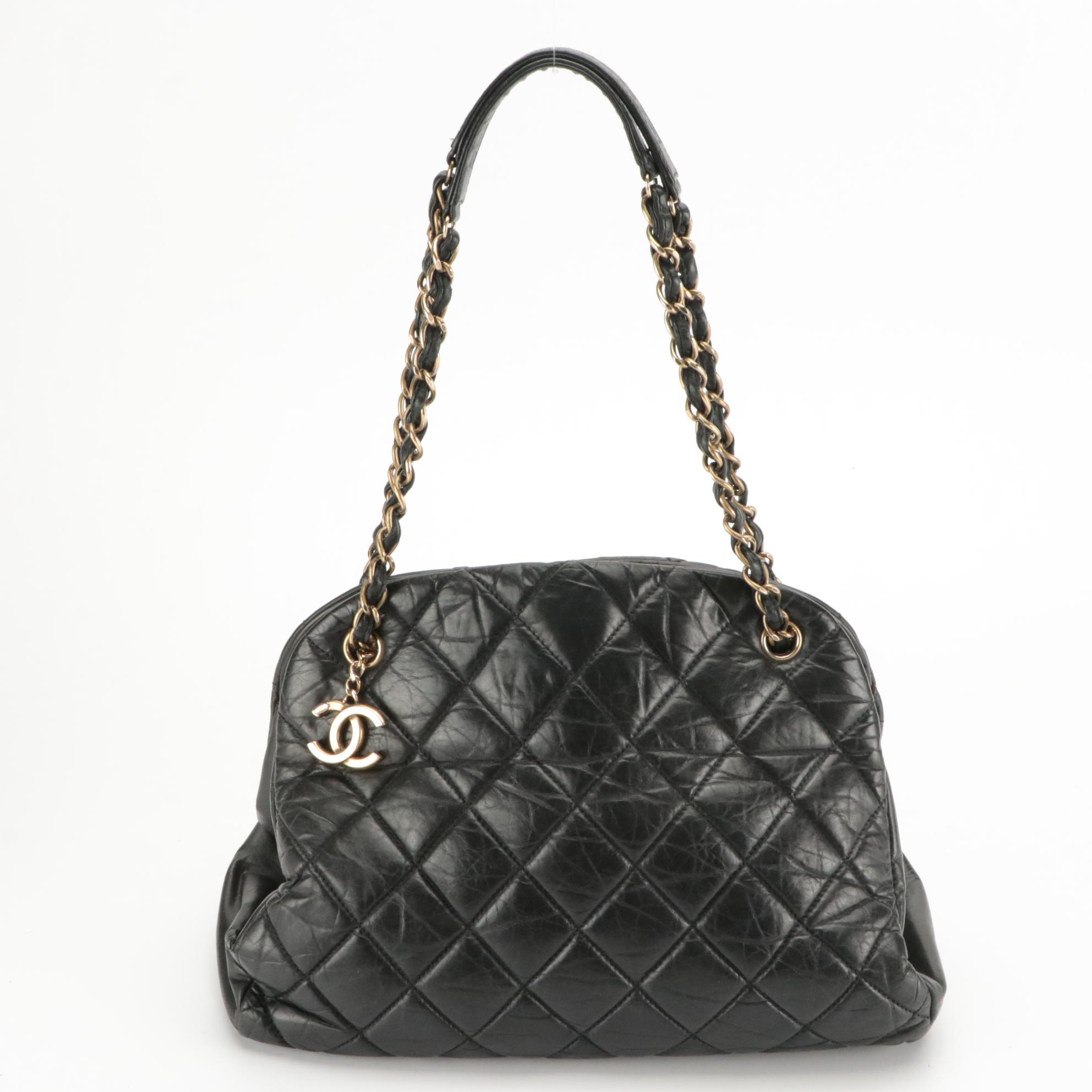 Chanel Just Mademoiselle Bowling Bag in Black Aged Quilted Calfskin Leather