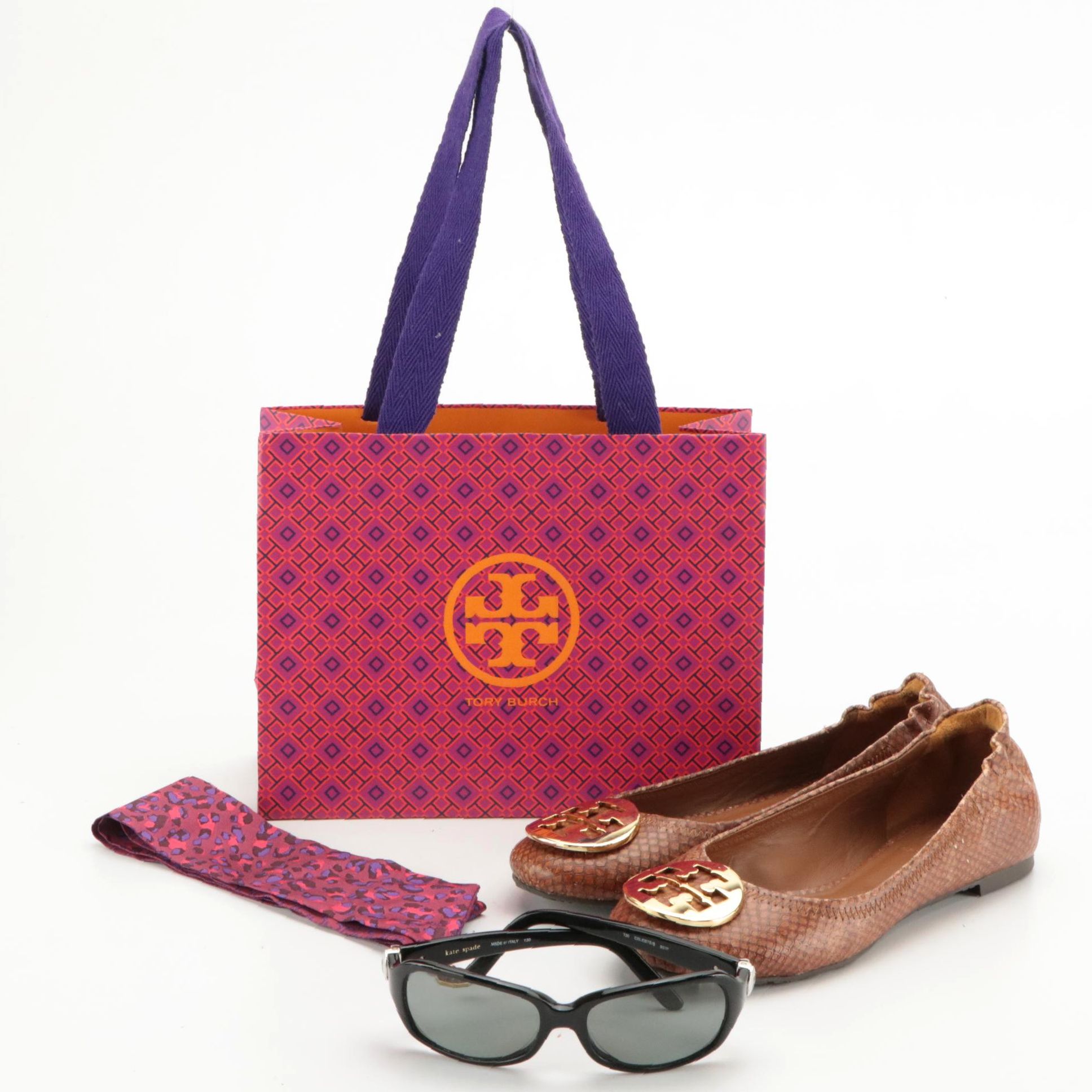 Tory Burch Reva Flats and Narrow Silk Scarf with Kate Spade Celeste Sunglasses