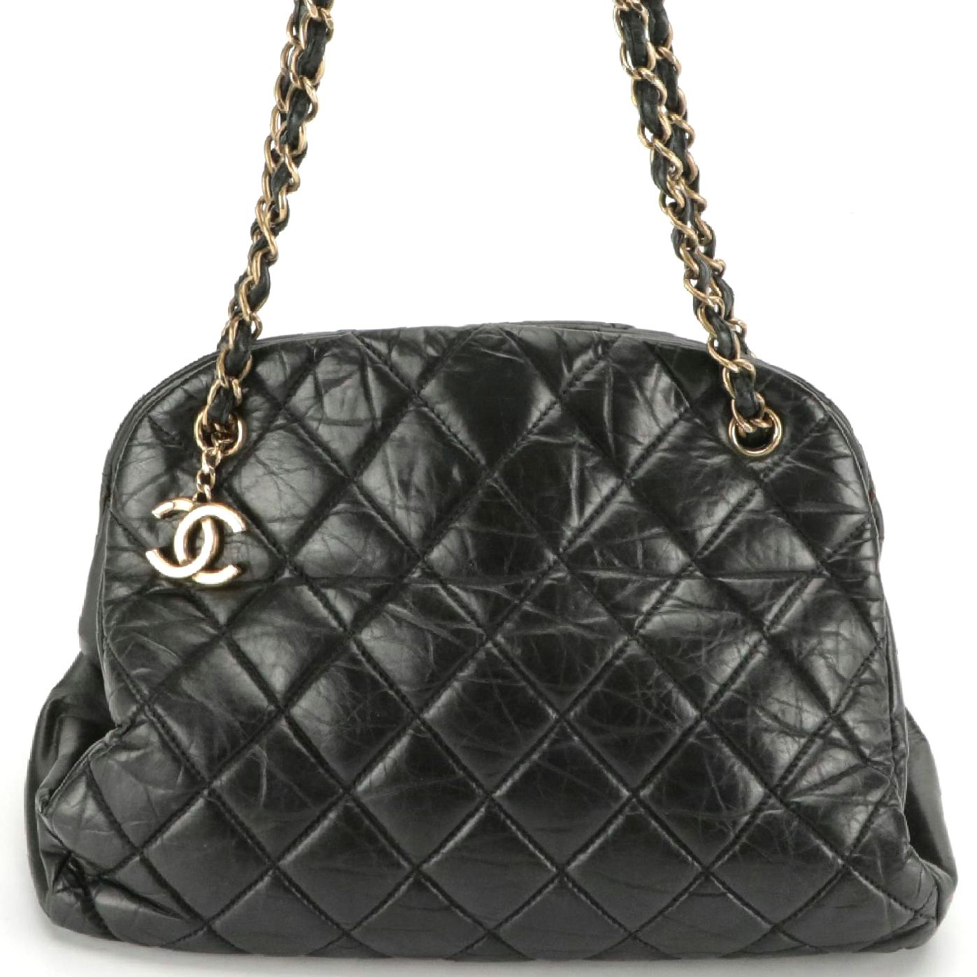 Chanel Just Mademoiselle Bowling Bag in Black Aged Quilted Calfskin Leather