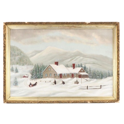 Naive Snowy Mountainous Landscape Oil Painting, Early 20th Century