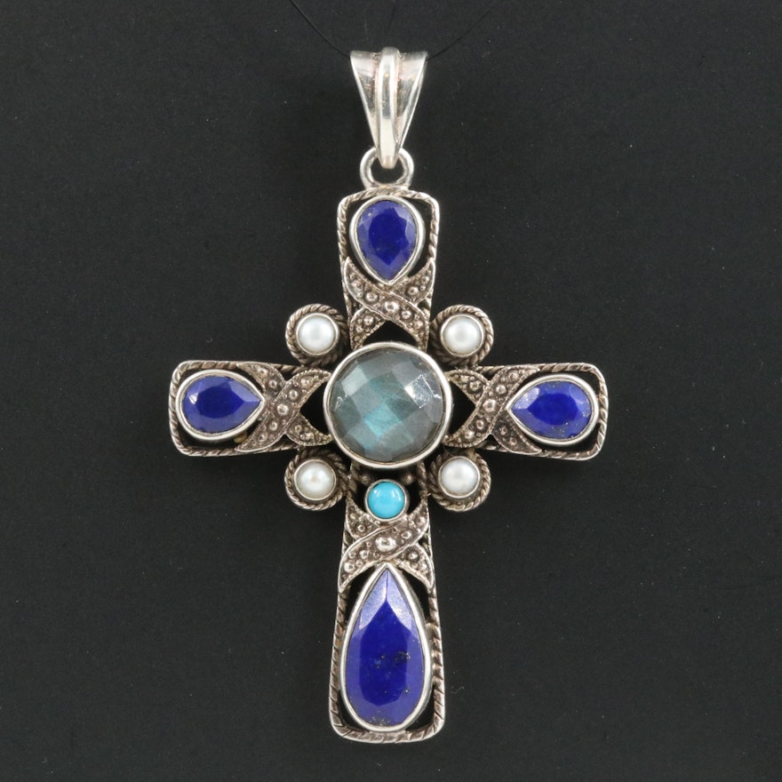Nikki Butler Sterling Lapis Lazuli, Labradorite and Gemstone Cross Pendant