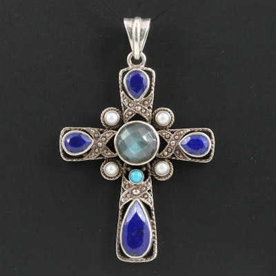Nikki Butler Sterling Lapis Lazuli, Labradorite and Gemstone Cross Pendant