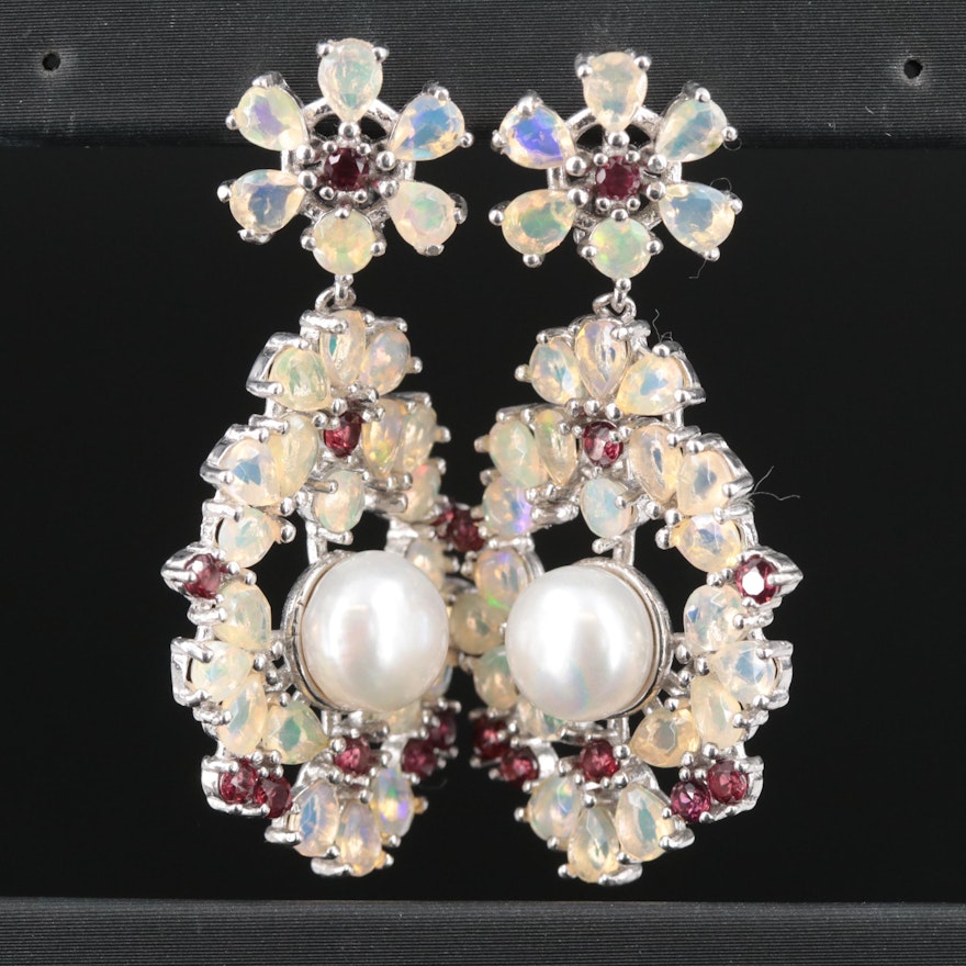 Sterling Pearl, Opal and Garnet Earrings