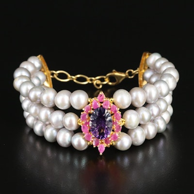 Sterling Three Strand Pearl Bracelet with Amethyst and Ruby