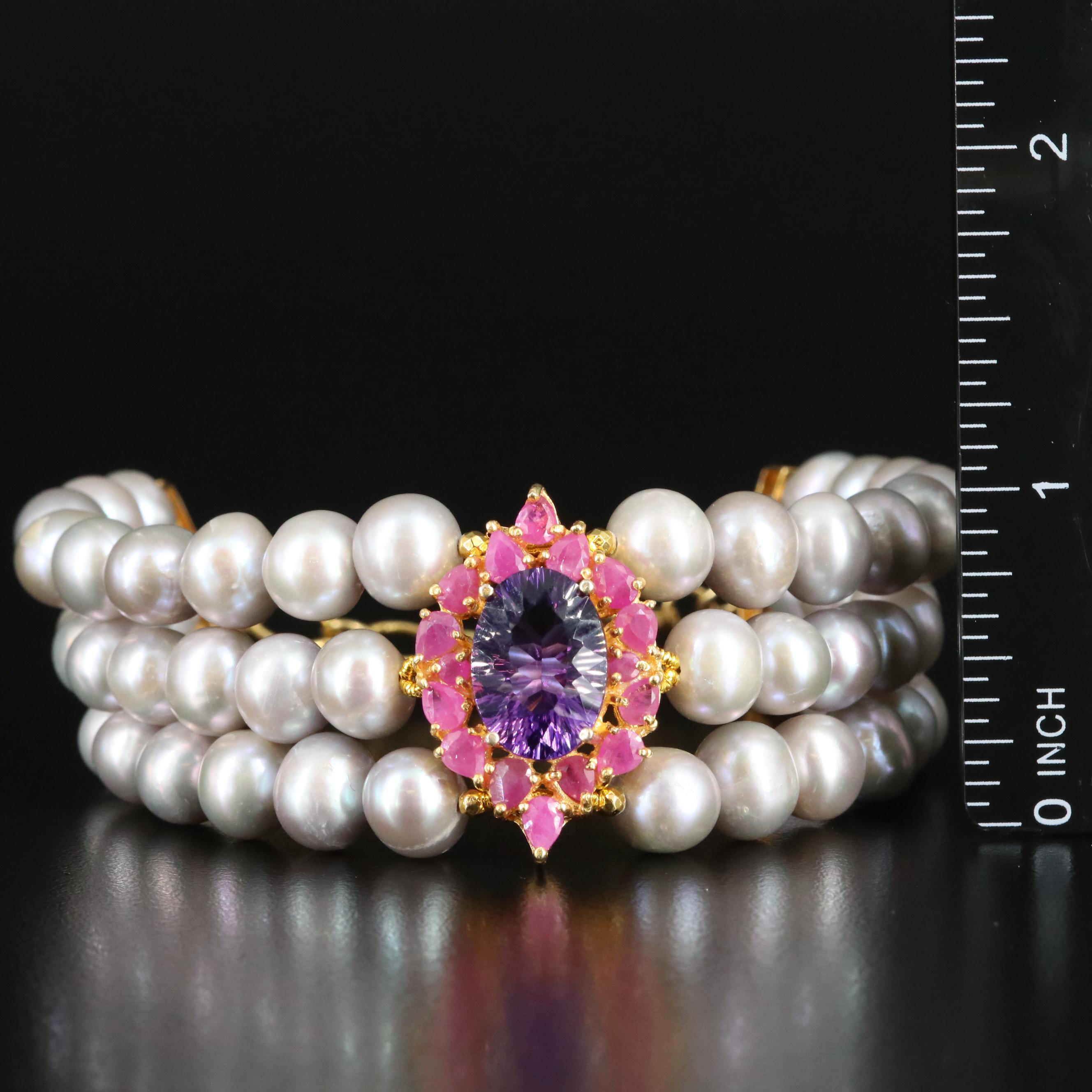Sterling Three Strand Pearl Bracelet with Amethyst and Ruby
