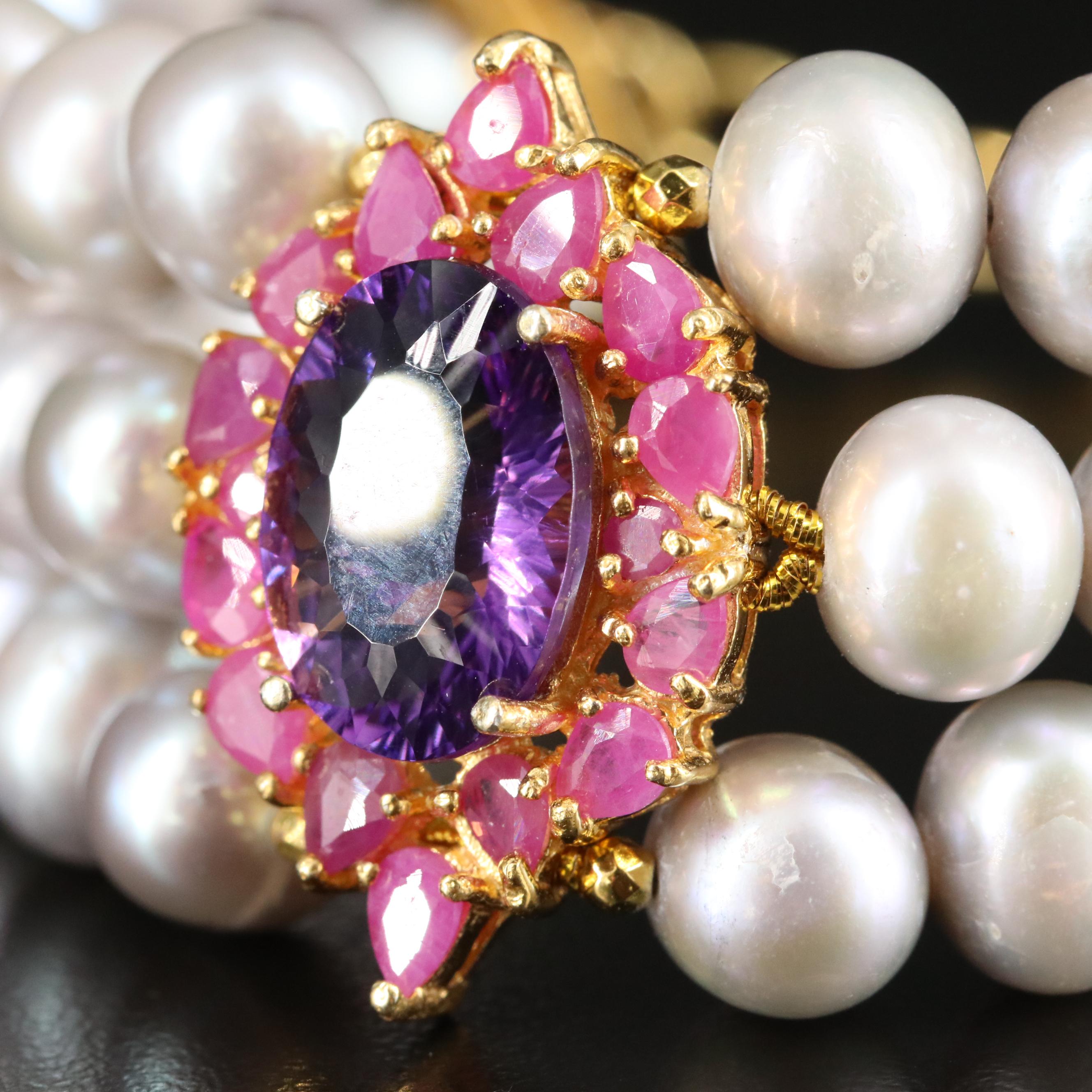 Sterling Three Strand Pearl Bracelet with Amethyst and Ruby