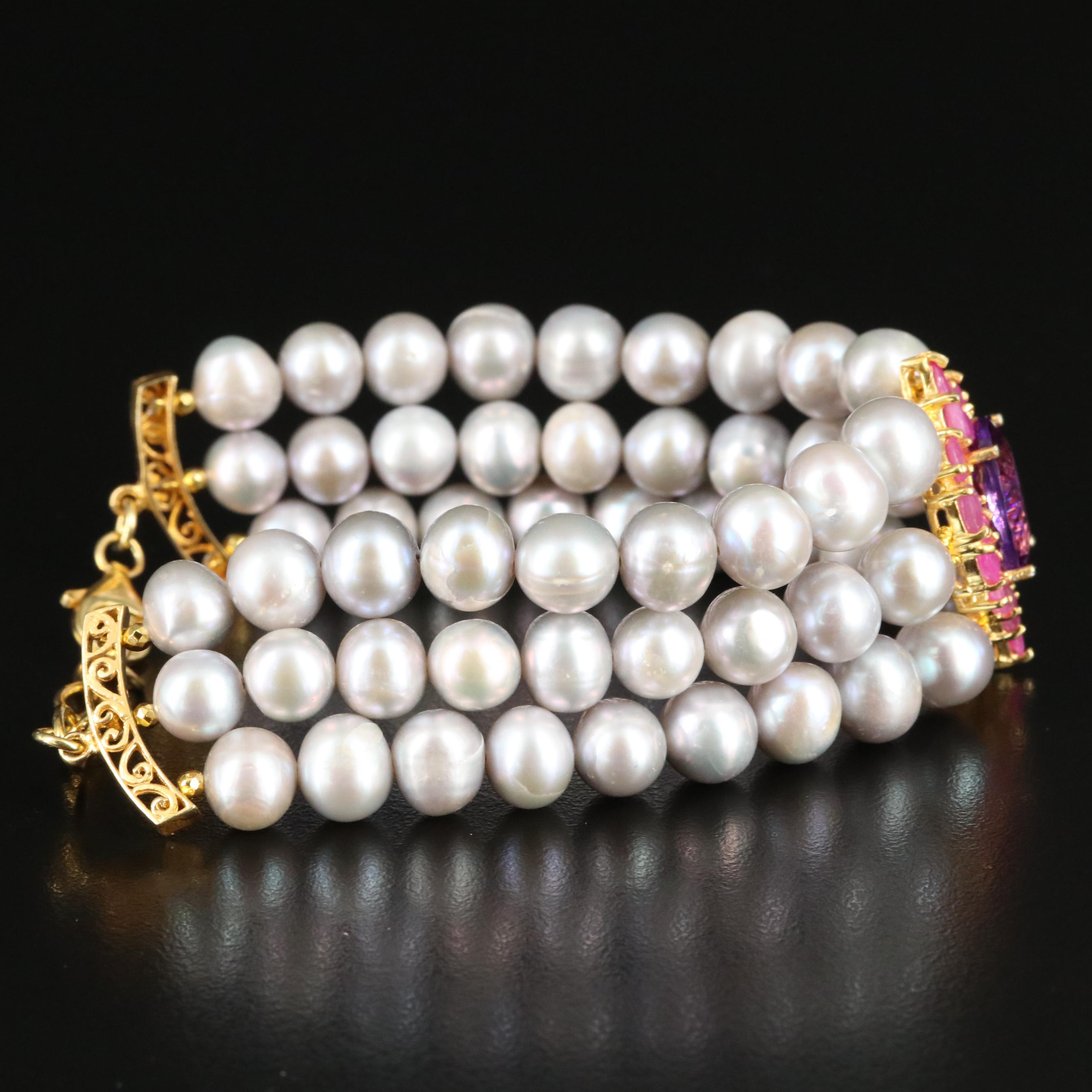 Sterling Three Strand Pearl Bracelet with Amethyst and Ruby