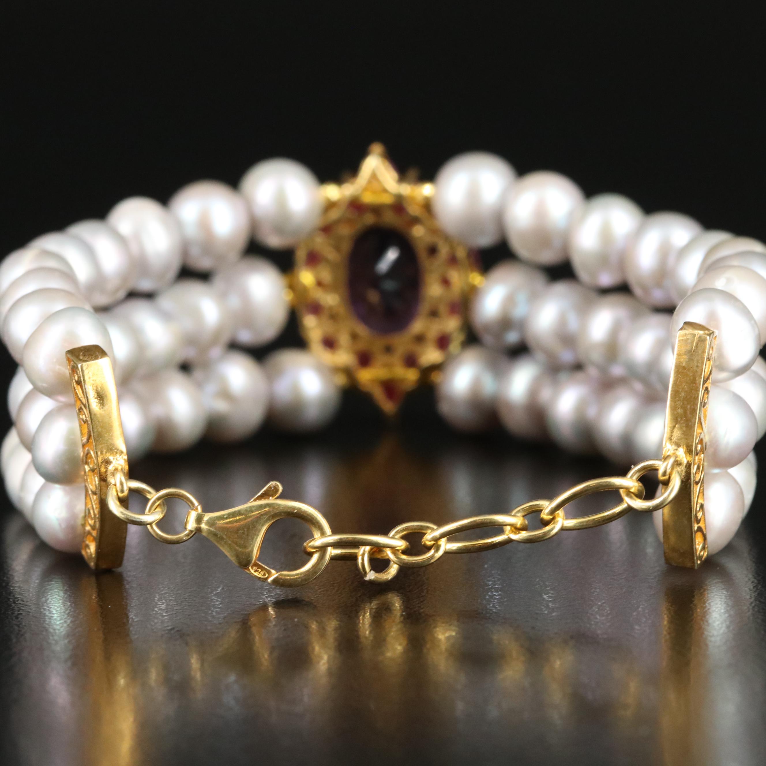 Sterling Three Strand Pearl Bracelet with Amethyst and Ruby