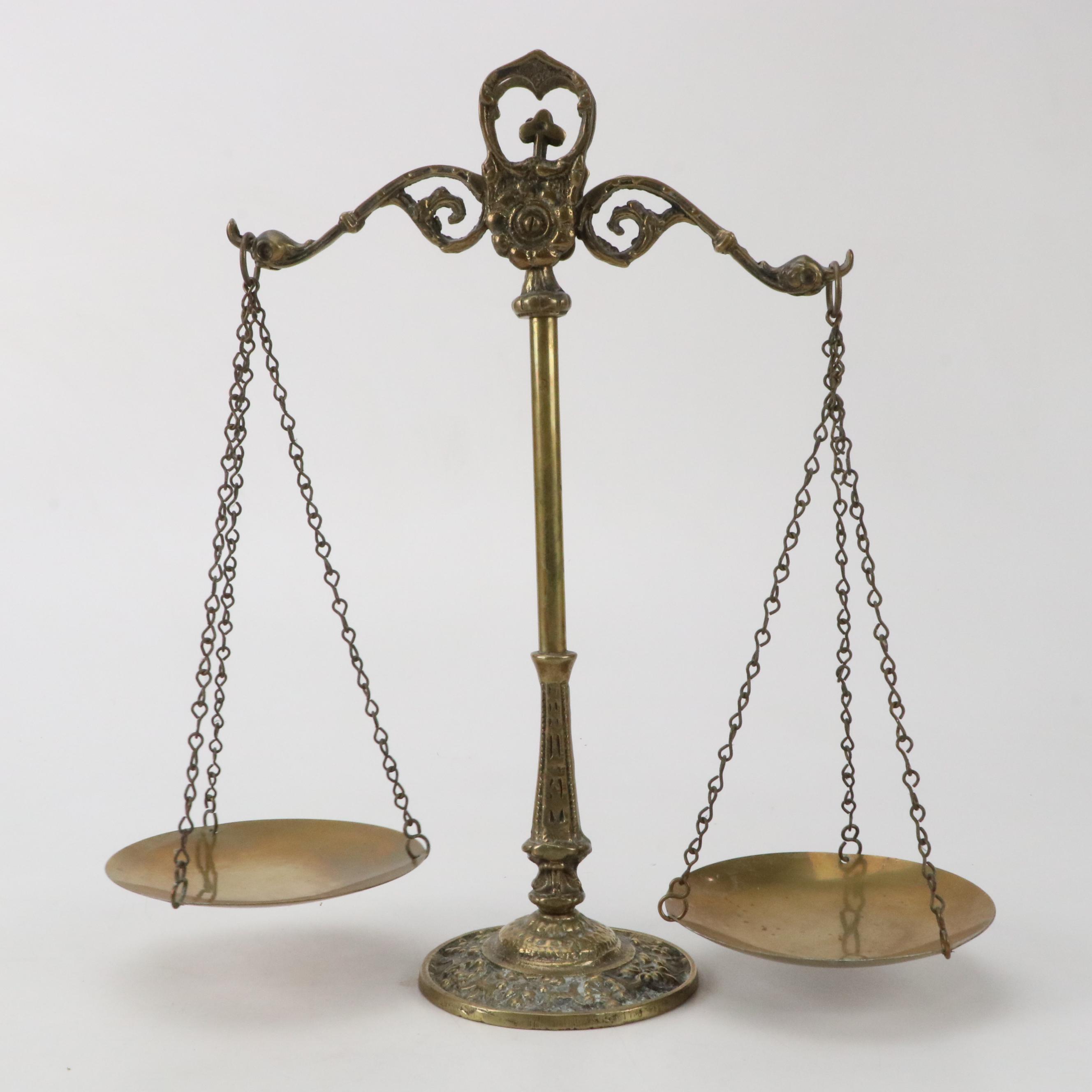 Brass Decorative Balance Scale, Cast Brass Figurines and Baldwin Brass Napkins