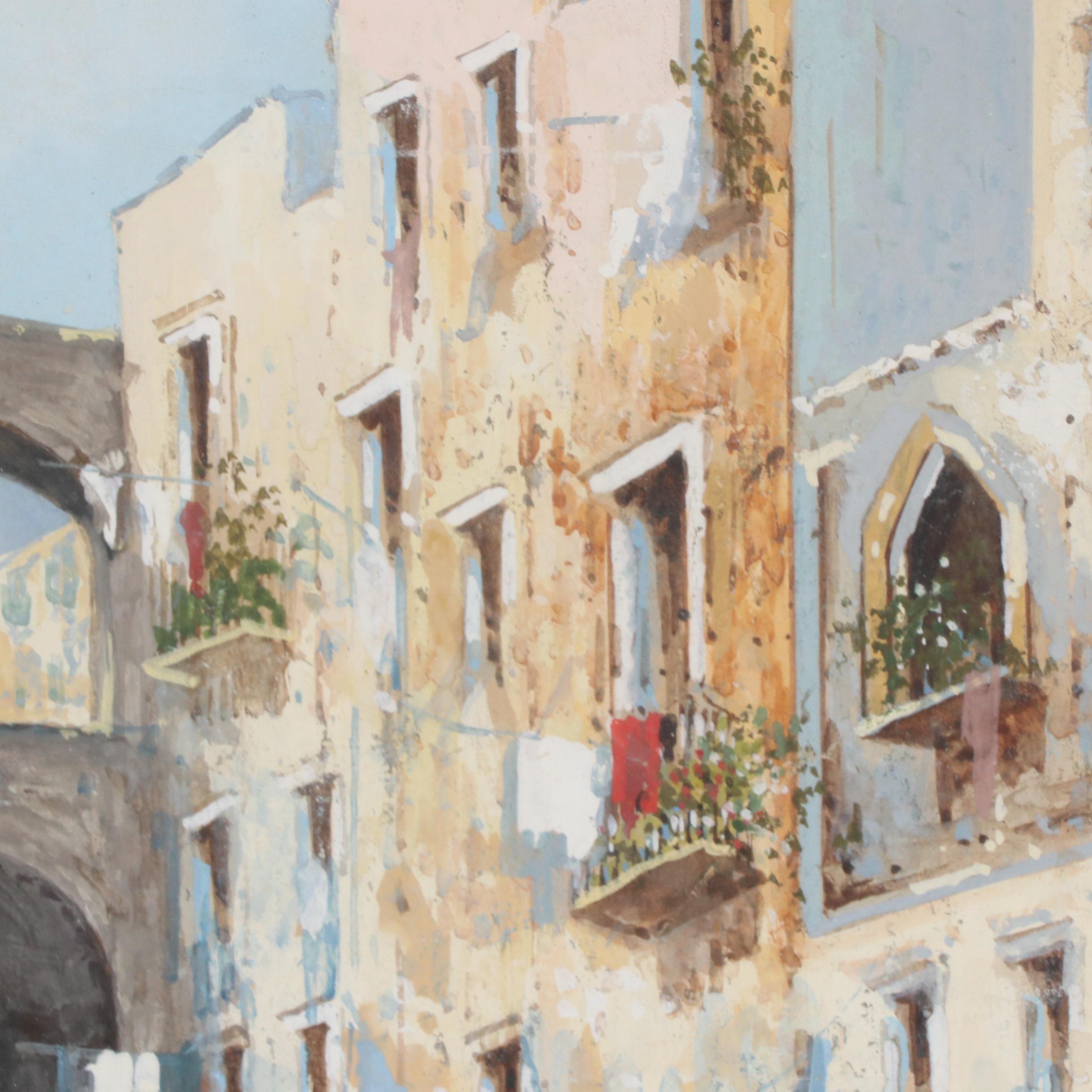 Gouache Painting of Street Scene with Figures