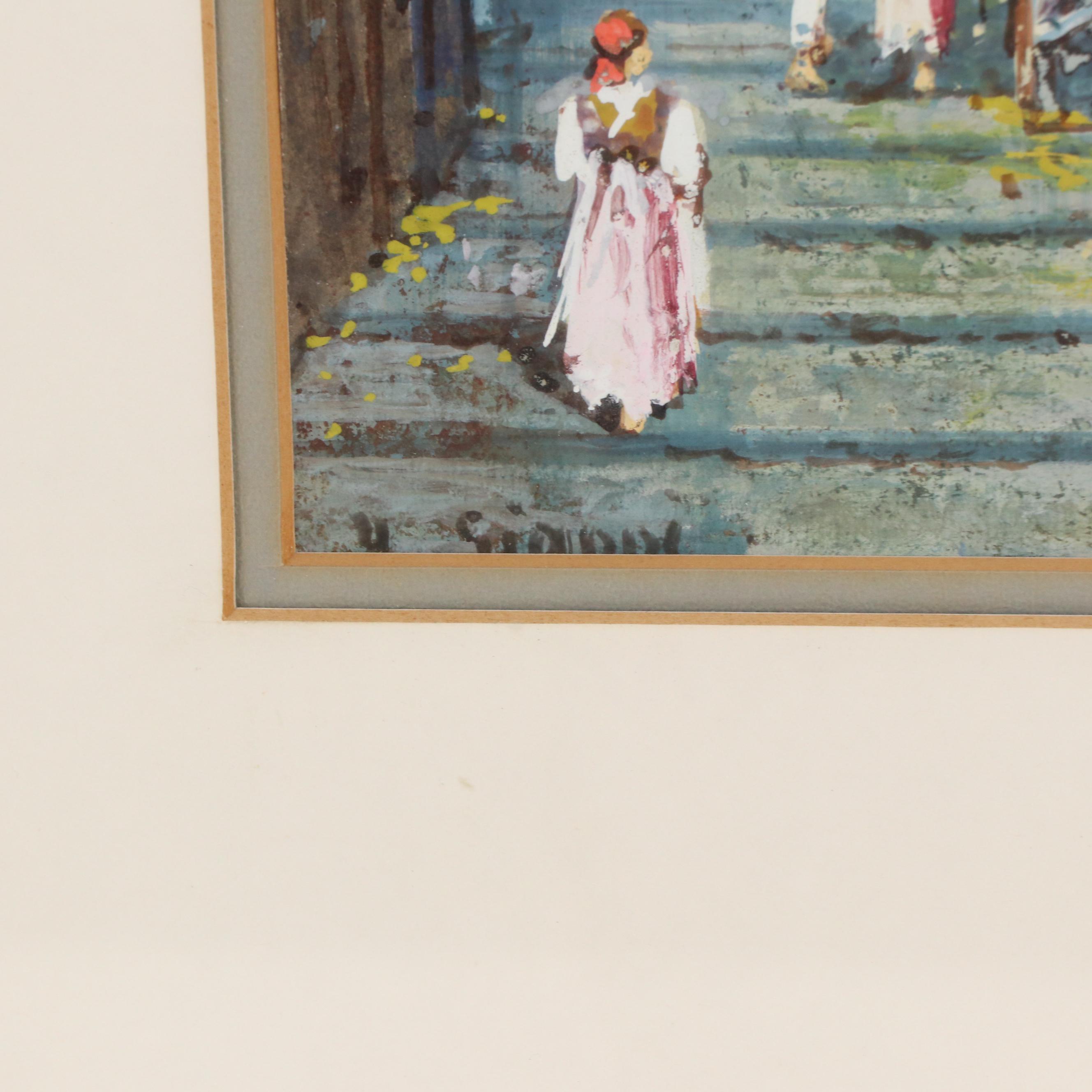 Gouache Painting of Street Scene with Figures