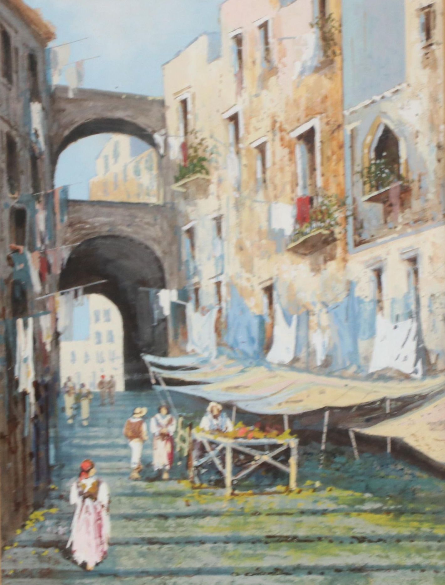 Gouache Painting of Street Scene with Figures