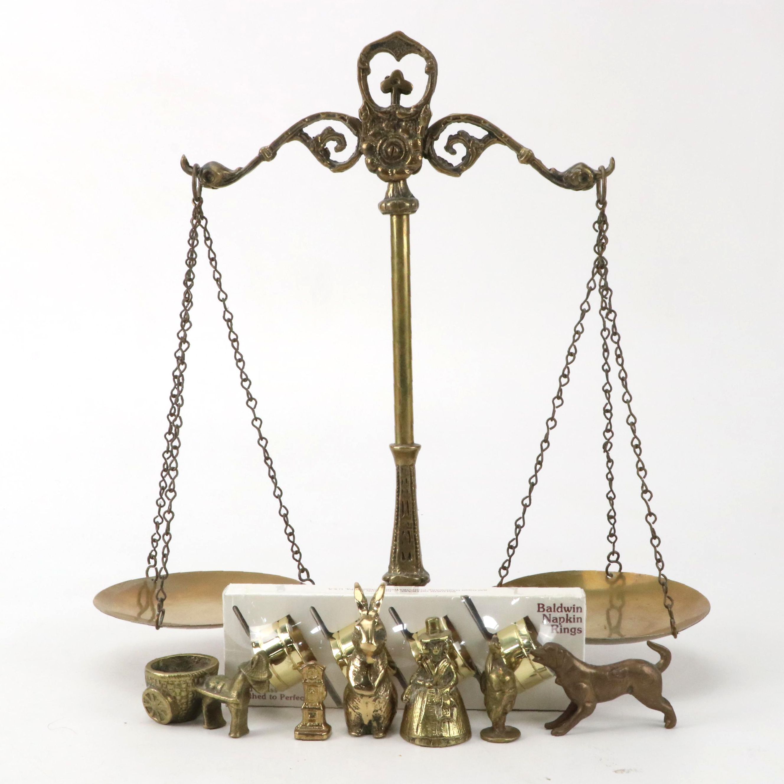 Brass Decorative Balance Scale, Cast Brass Figurines and Baldwin Brass Napkins