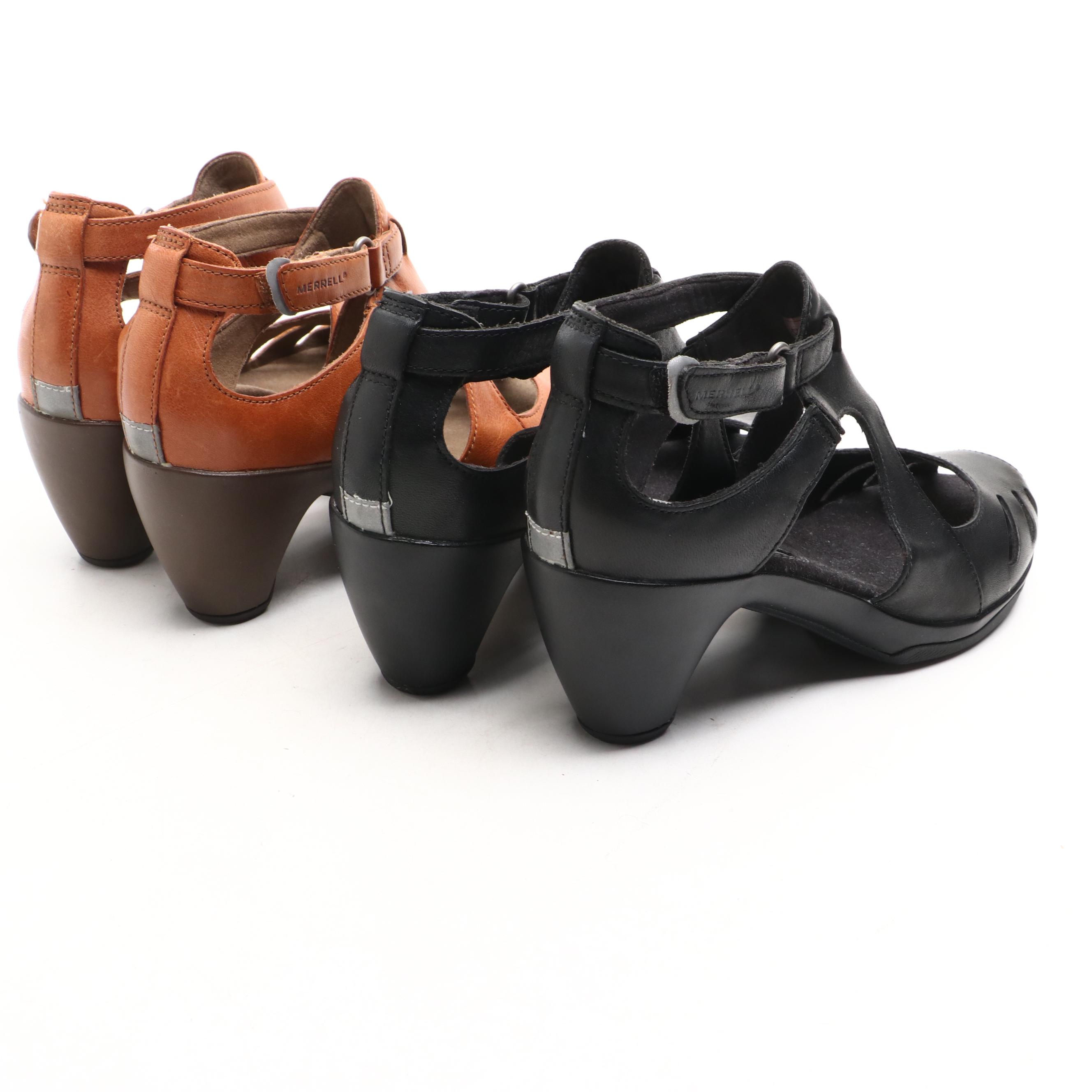 Merrill Tan and Black Leather and Rubber-Heeled Slingback Shoes