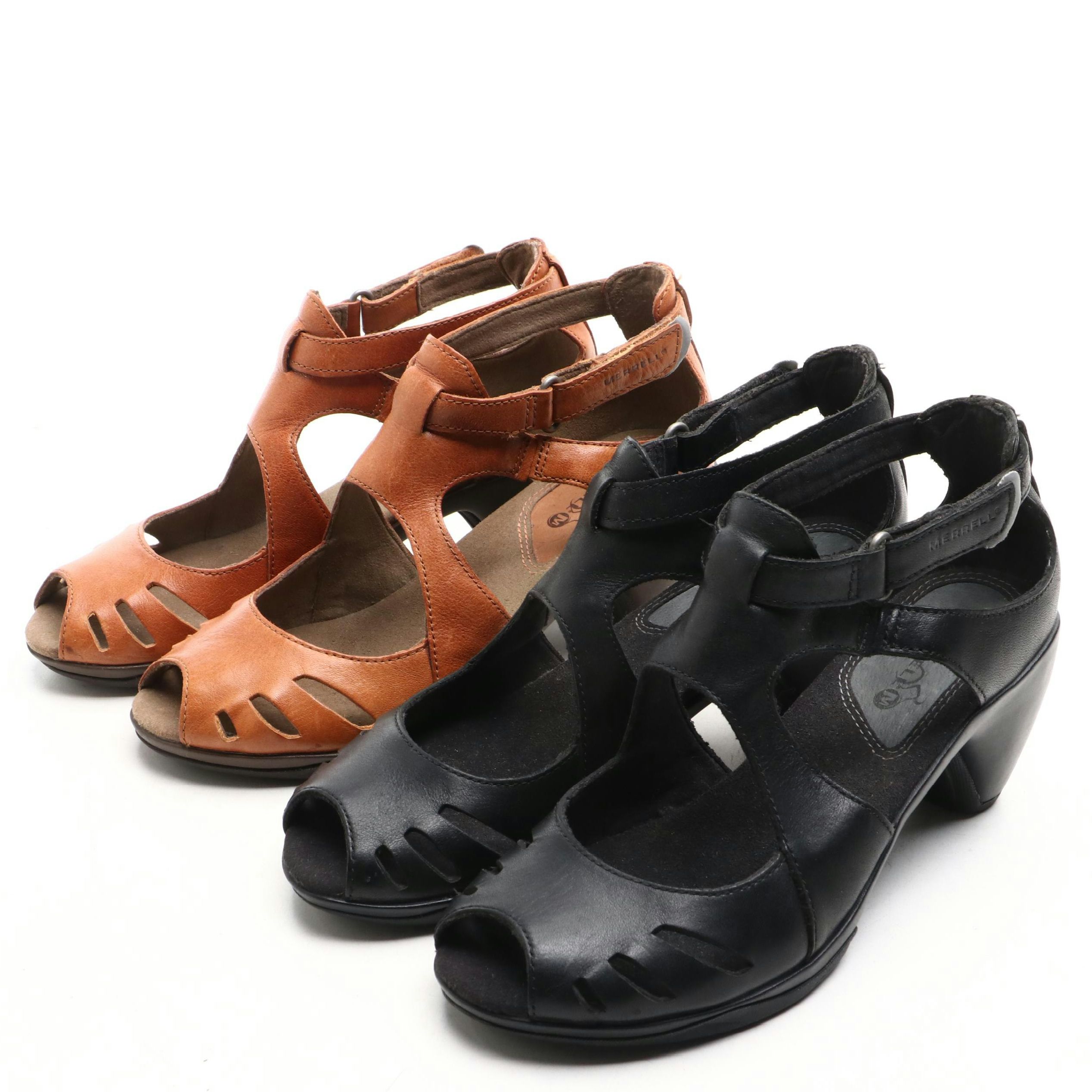 Merrill Tan and Black Leather and Rubber-Heeled Slingback Shoes