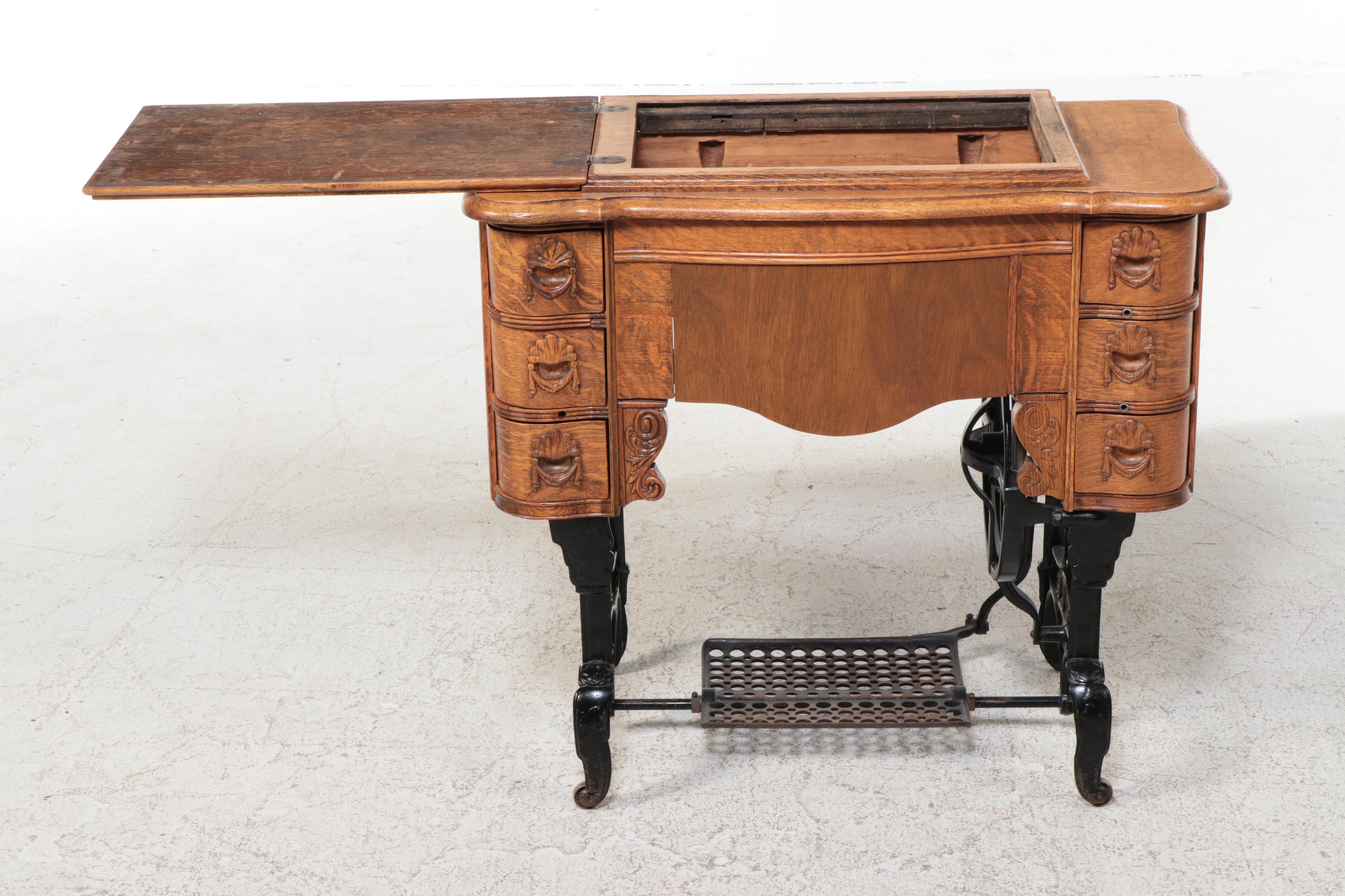 Victorian Tiger Oak Treadle Base Sewing Machine Table, Late 19th/ Early 20th C.