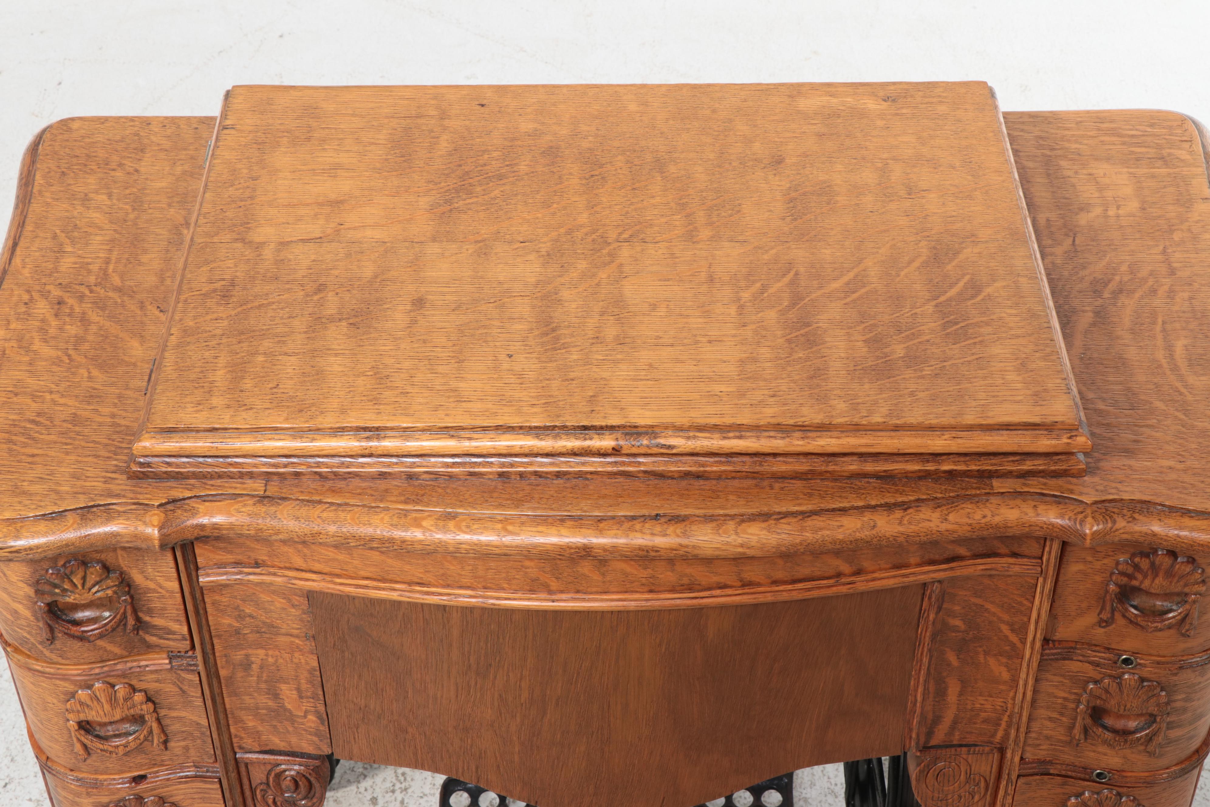 Victorian Tiger Oak Treadle Base Sewing Machine Table, Late 19th/ Early 20th C.