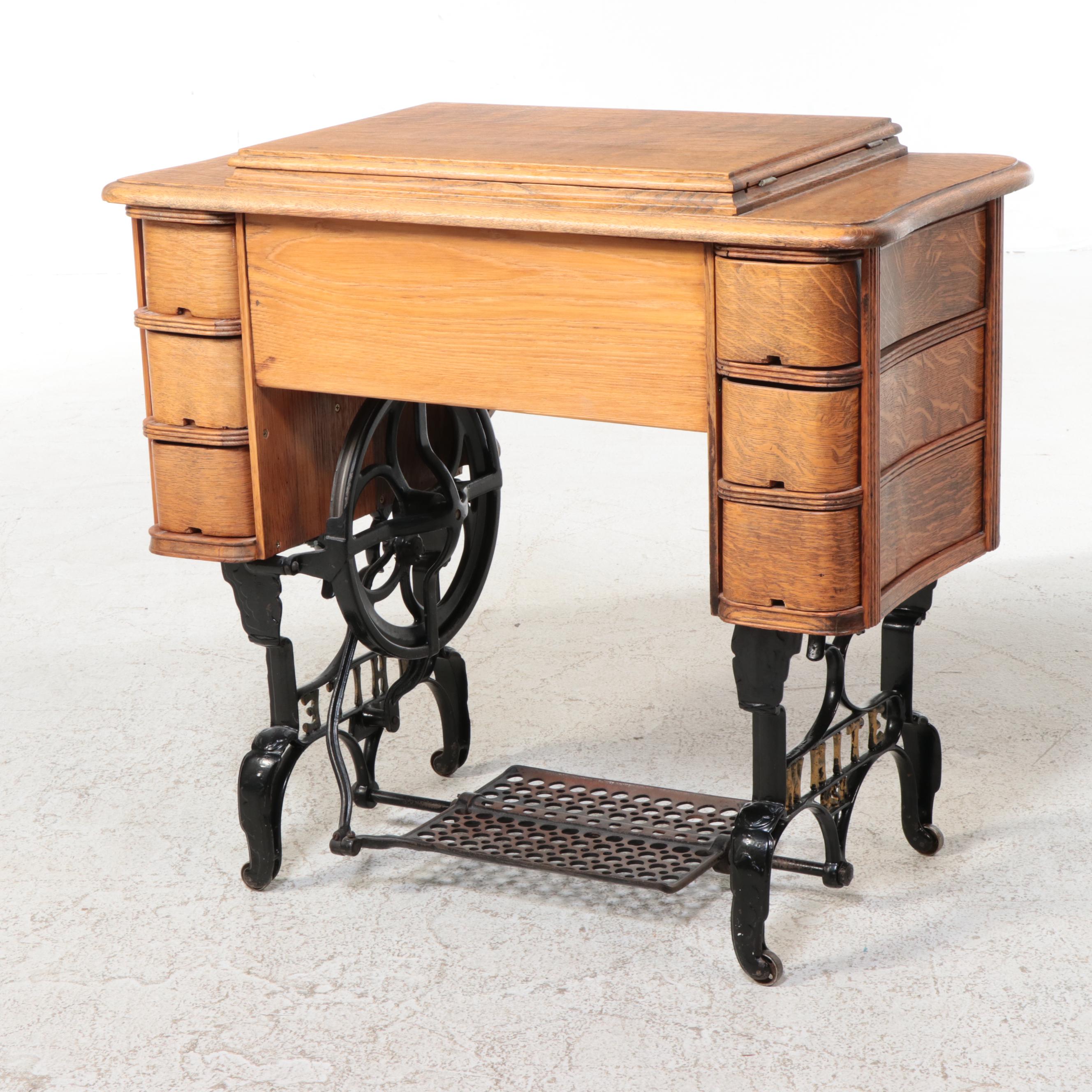 Victorian Tiger Oak Treadle Base Sewing Machine Table, Late 19th/ Early 20th C.