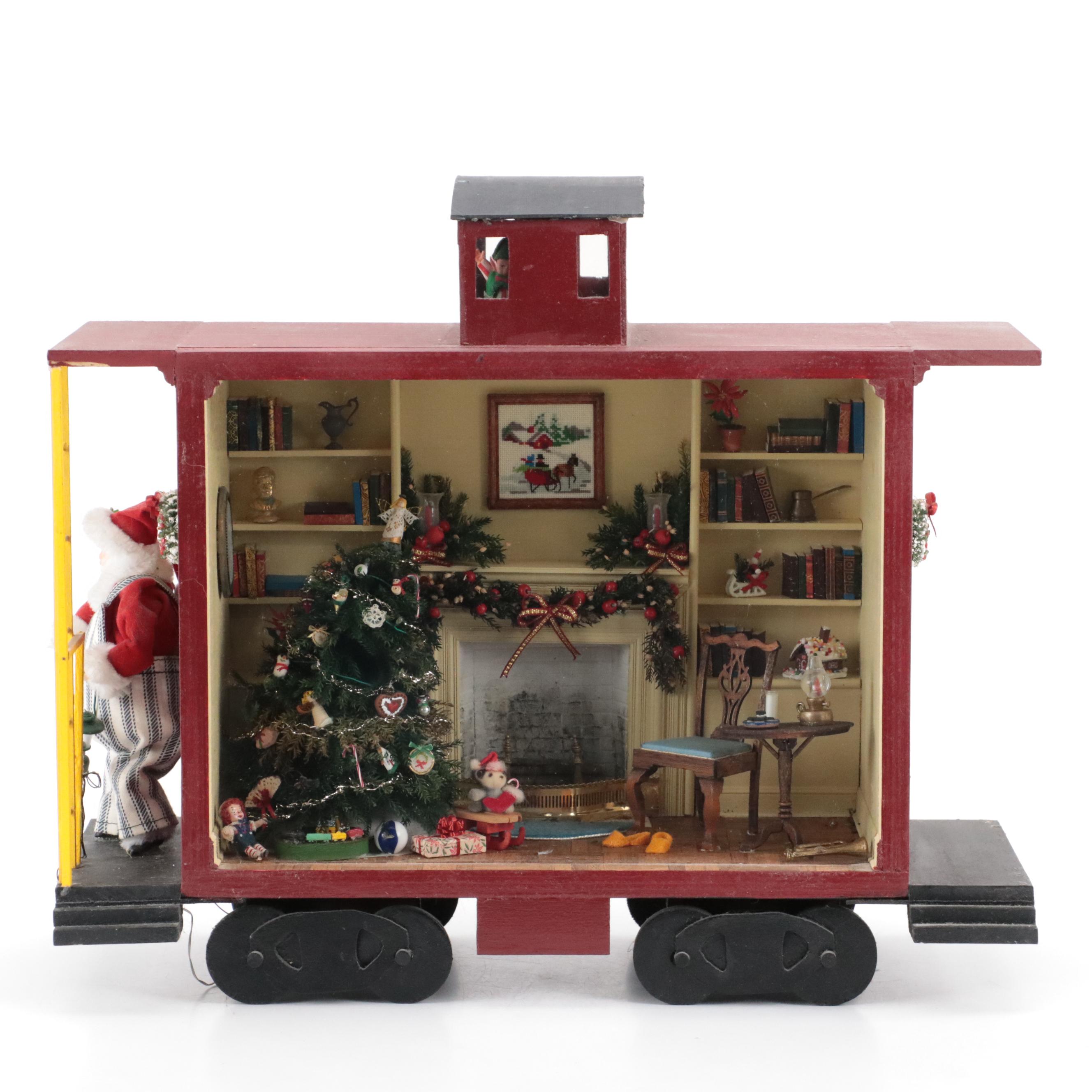 Handcrafted Christmas Living Room Diorama in Train Car, Vintage