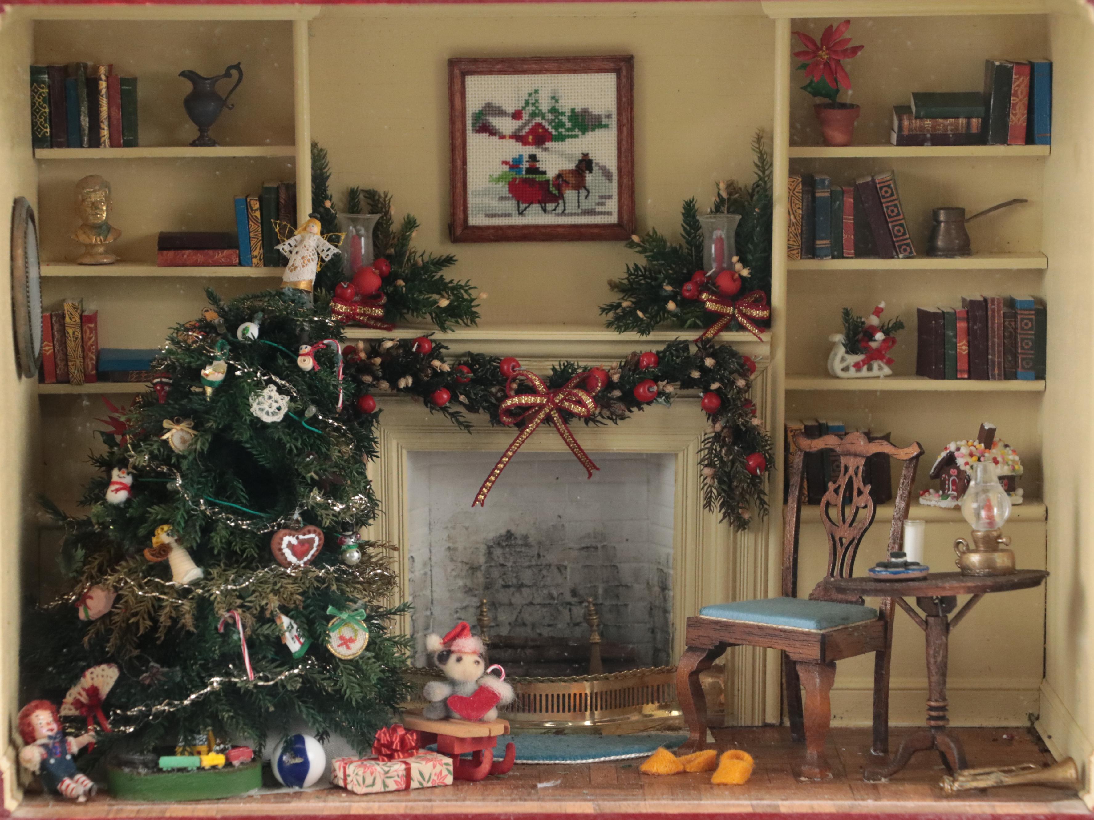 Handcrafted Christmas Living Room Diorama in Train Car, Vintage