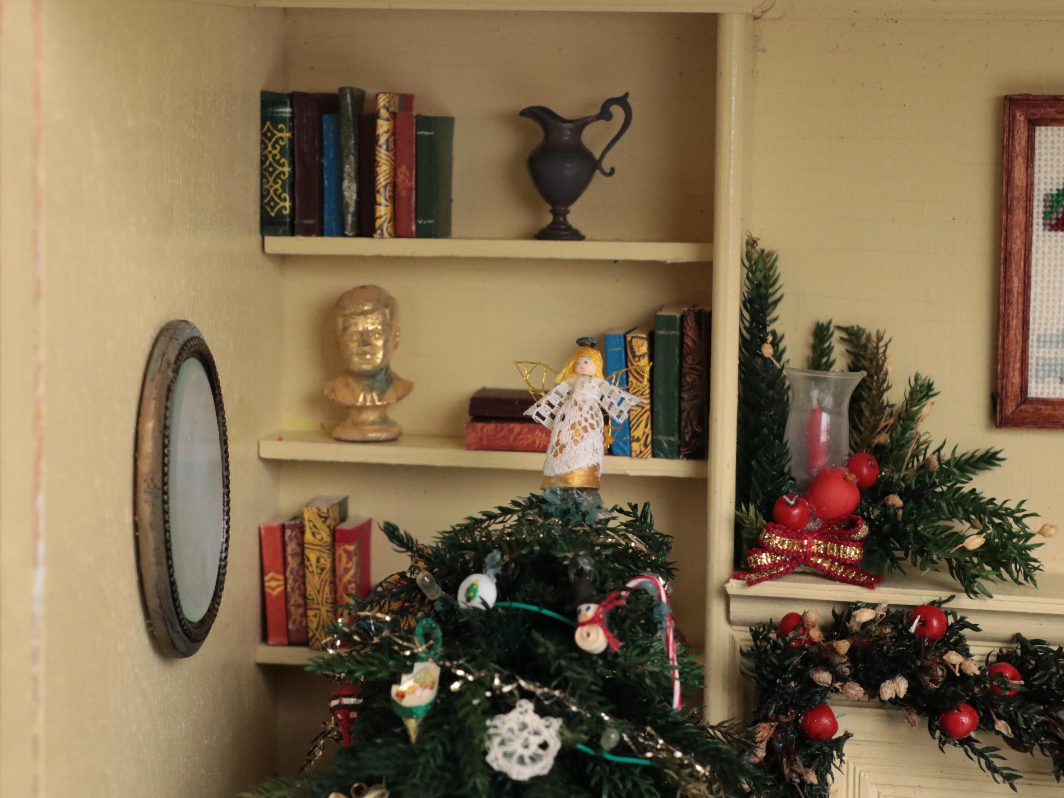 Handcrafted Christmas Living Room Diorama in Train Car, Vintage