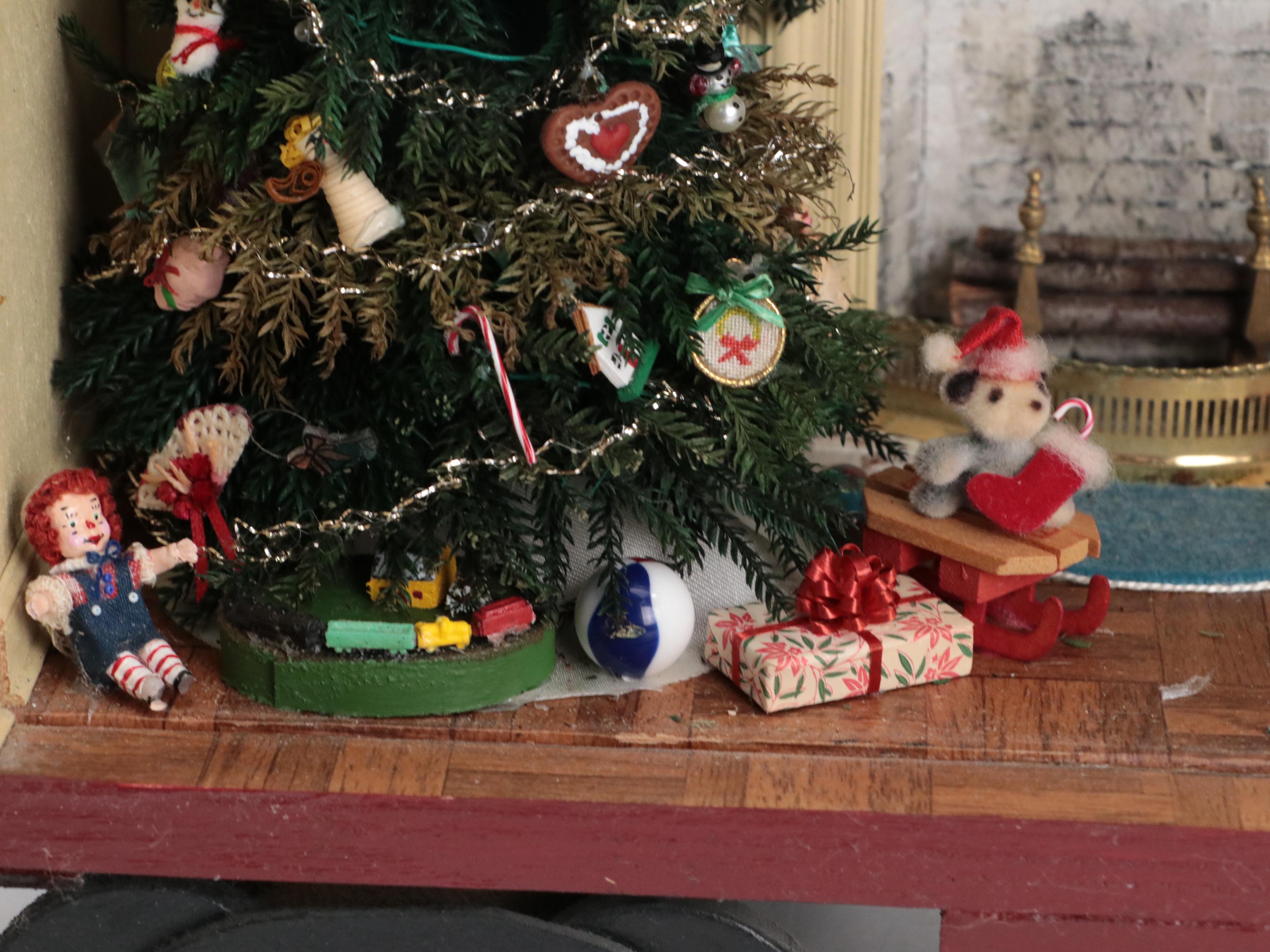 Handcrafted Christmas Living Room Diorama in Train Car, Vintage