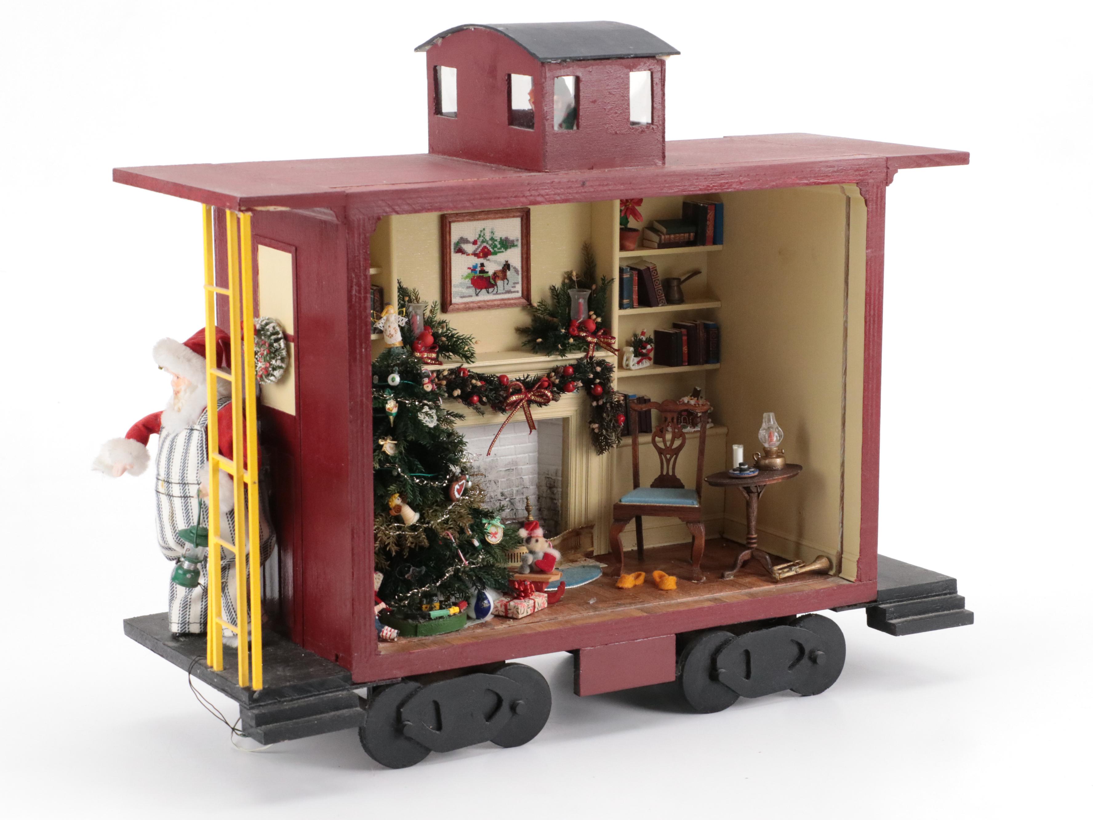 Handcrafted Christmas Living Room Diorama in Train Car, Vintage