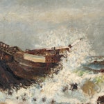 Oil Painting of Shipwreck at Sea with Crashing Waves