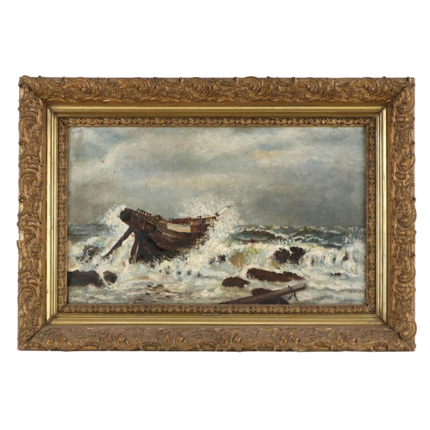 Oil Painting of Shipwreck at Sea with Crashing Waves