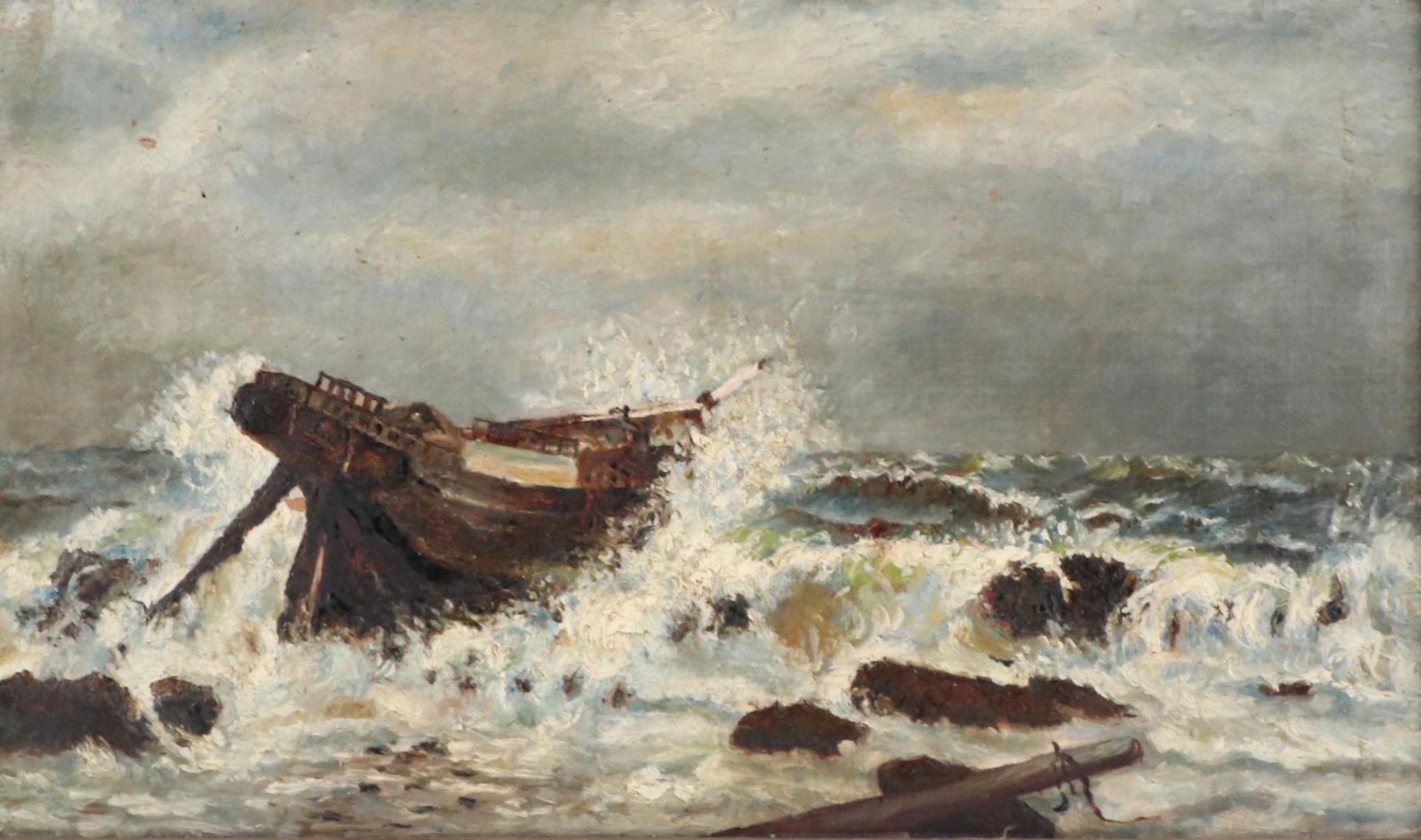 Oil Painting of Shipwreck at Sea with Crashing Waves