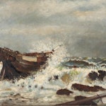 Oil Painting of Shipwreck at Sea with Crashing Waves