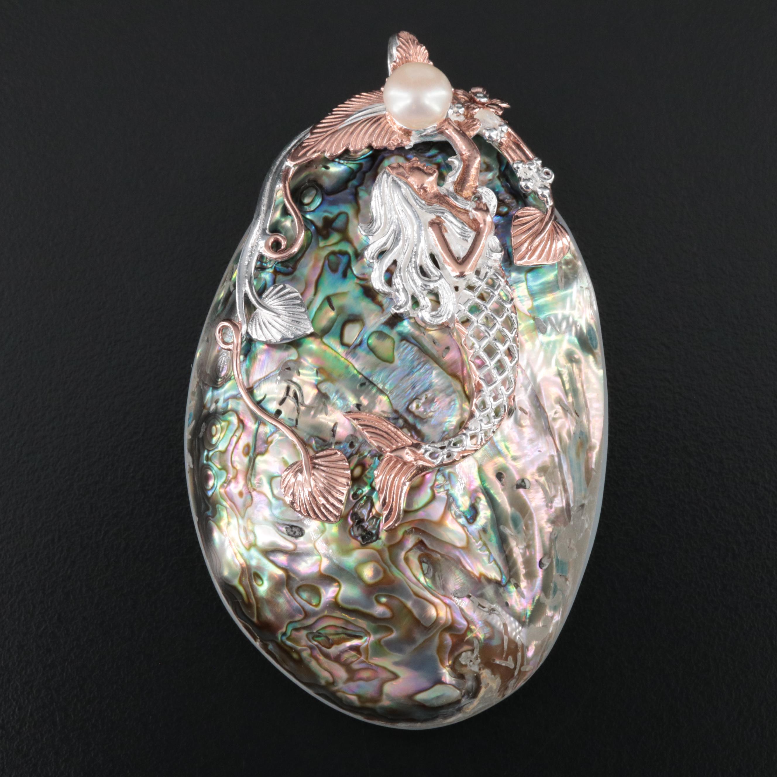 Sterling Abalone, Mother-Of-Pearl and Pearl Mermaid Pendant