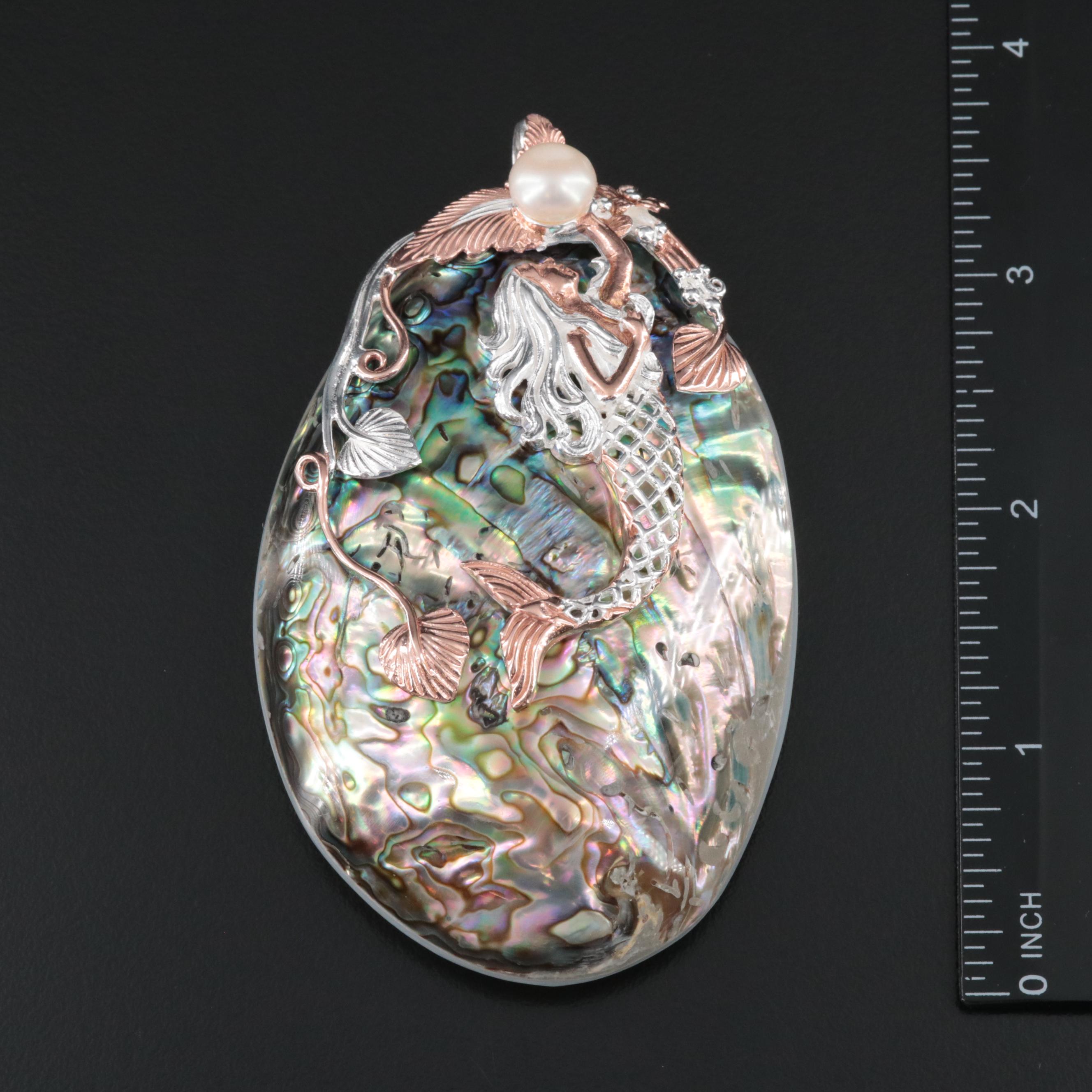 Sterling Abalone, Mother-Of-Pearl and Pearl Mermaid Pendant
