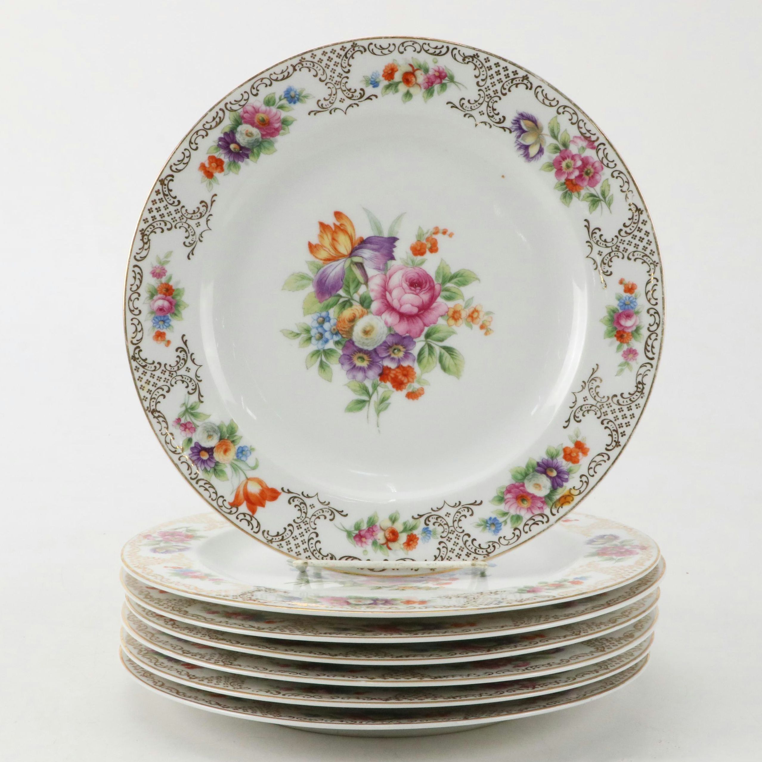 Hutschenreuther Floral and Gold Scroll Motifs Porcelain Dinner Plates