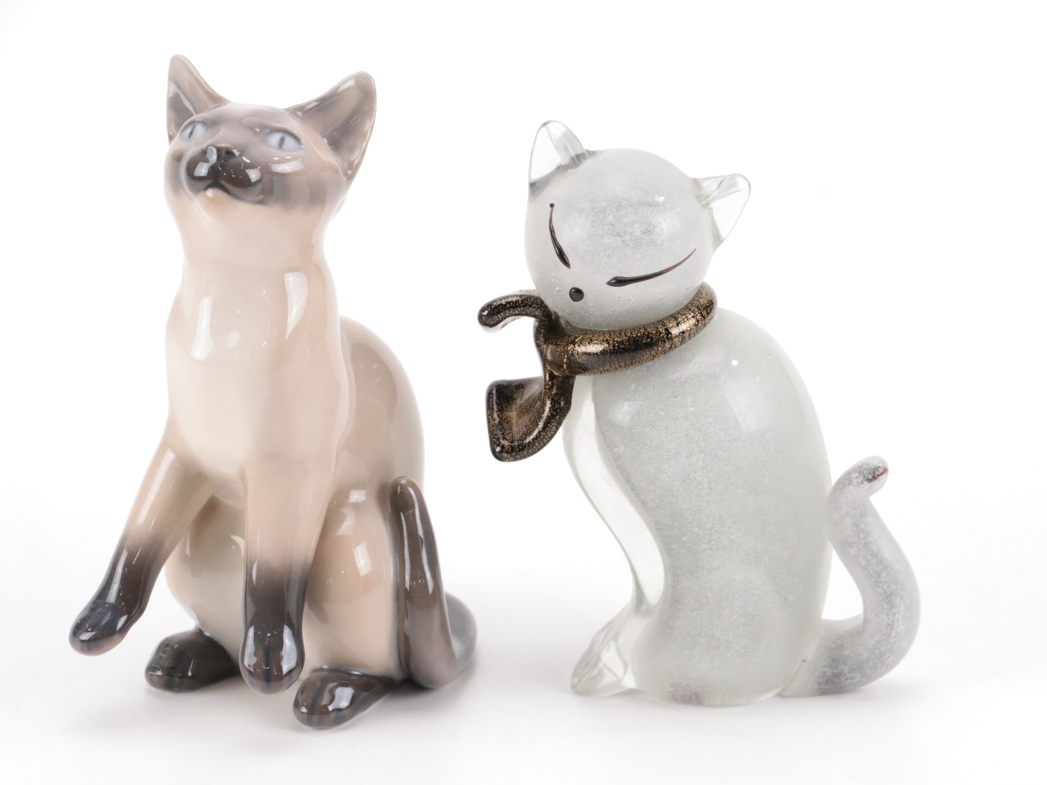 Bing & Grondahl Porcelain Siamese Cat Figurine with Other Glass and Ceramic Cats