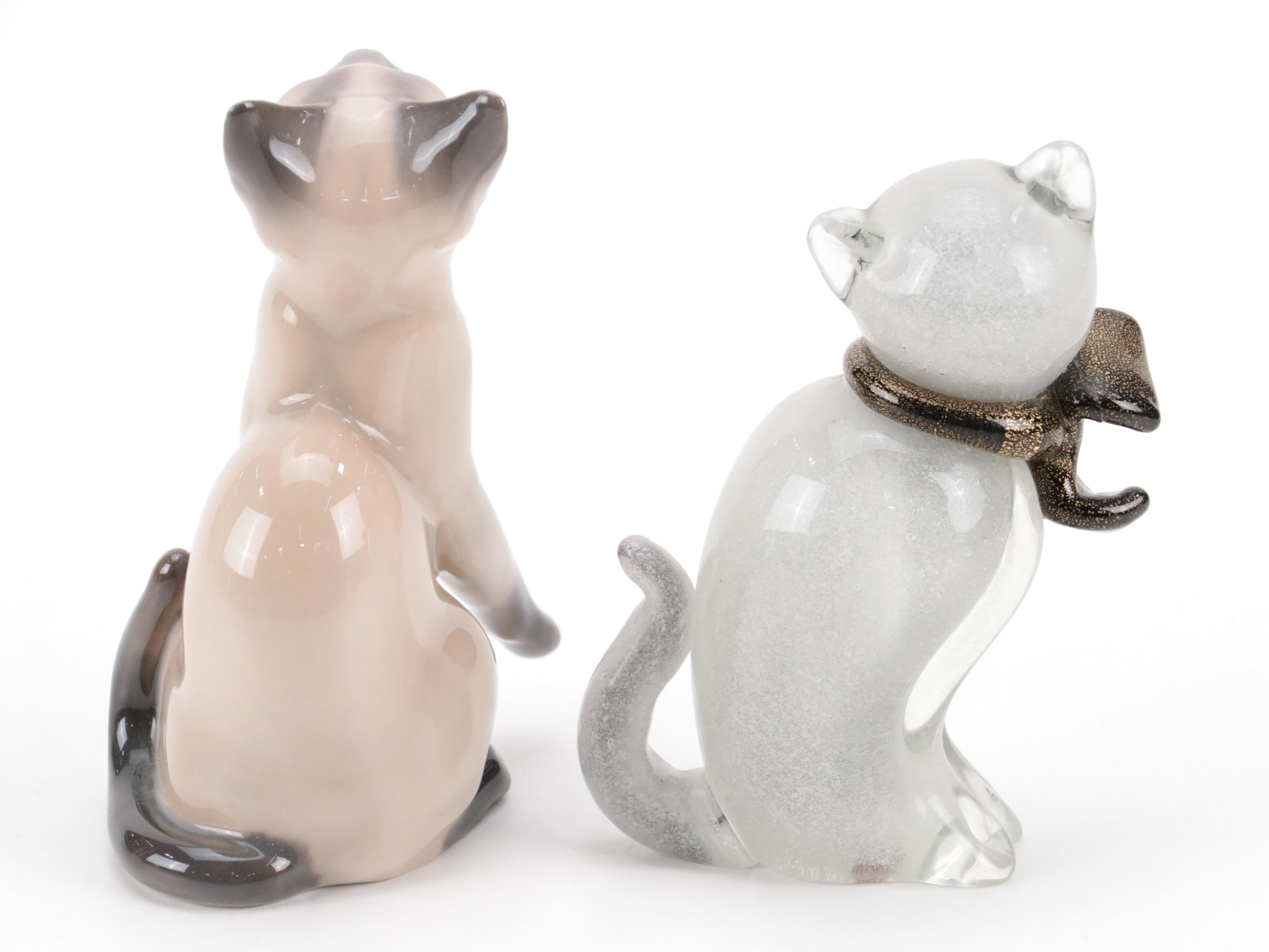 Bing & Grondahl Porcelain Siamese Cat Figurine with Other Glass and Ceramic Cats