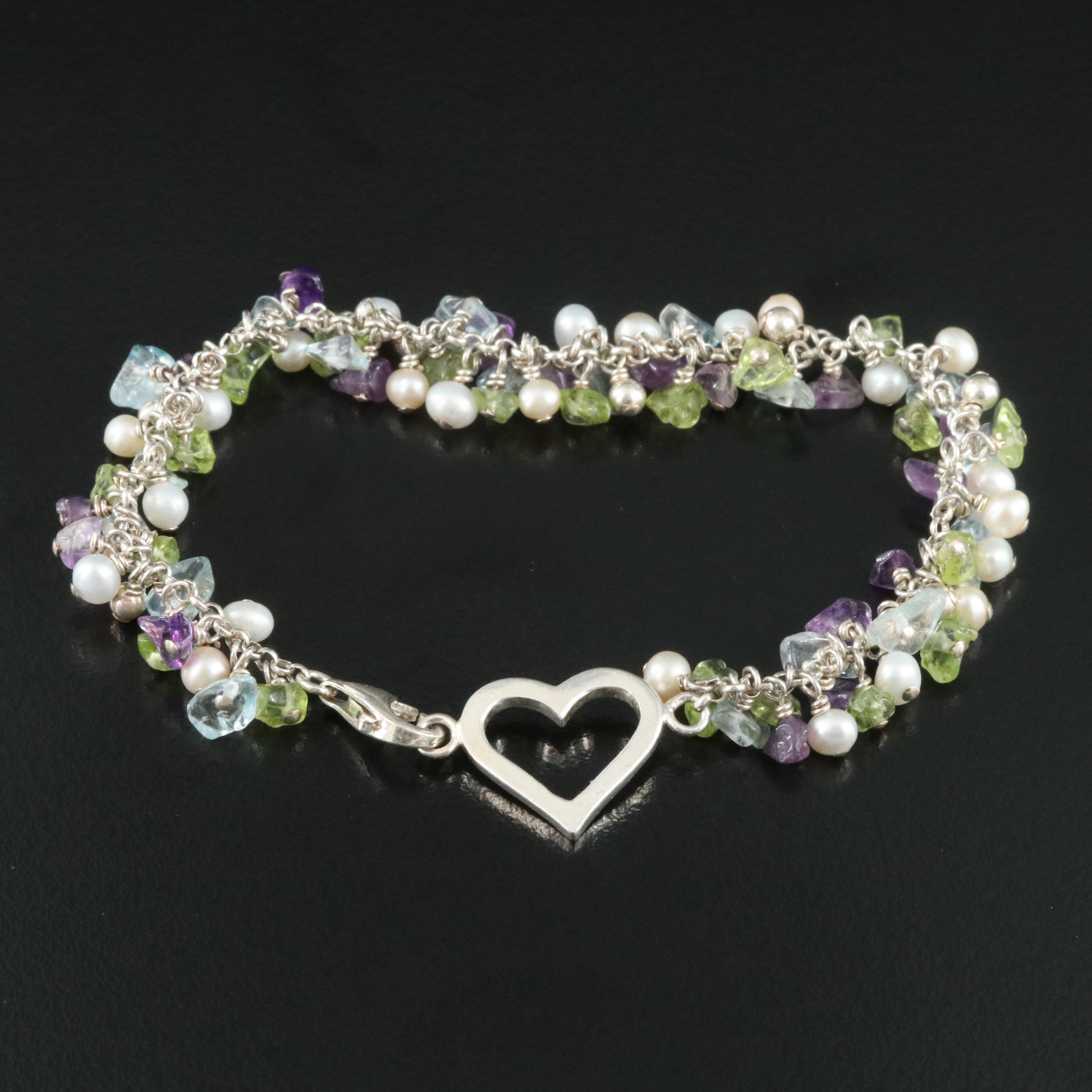 Sterling Aquamarine, Amethyst and Peridot Heart Station Bracelet