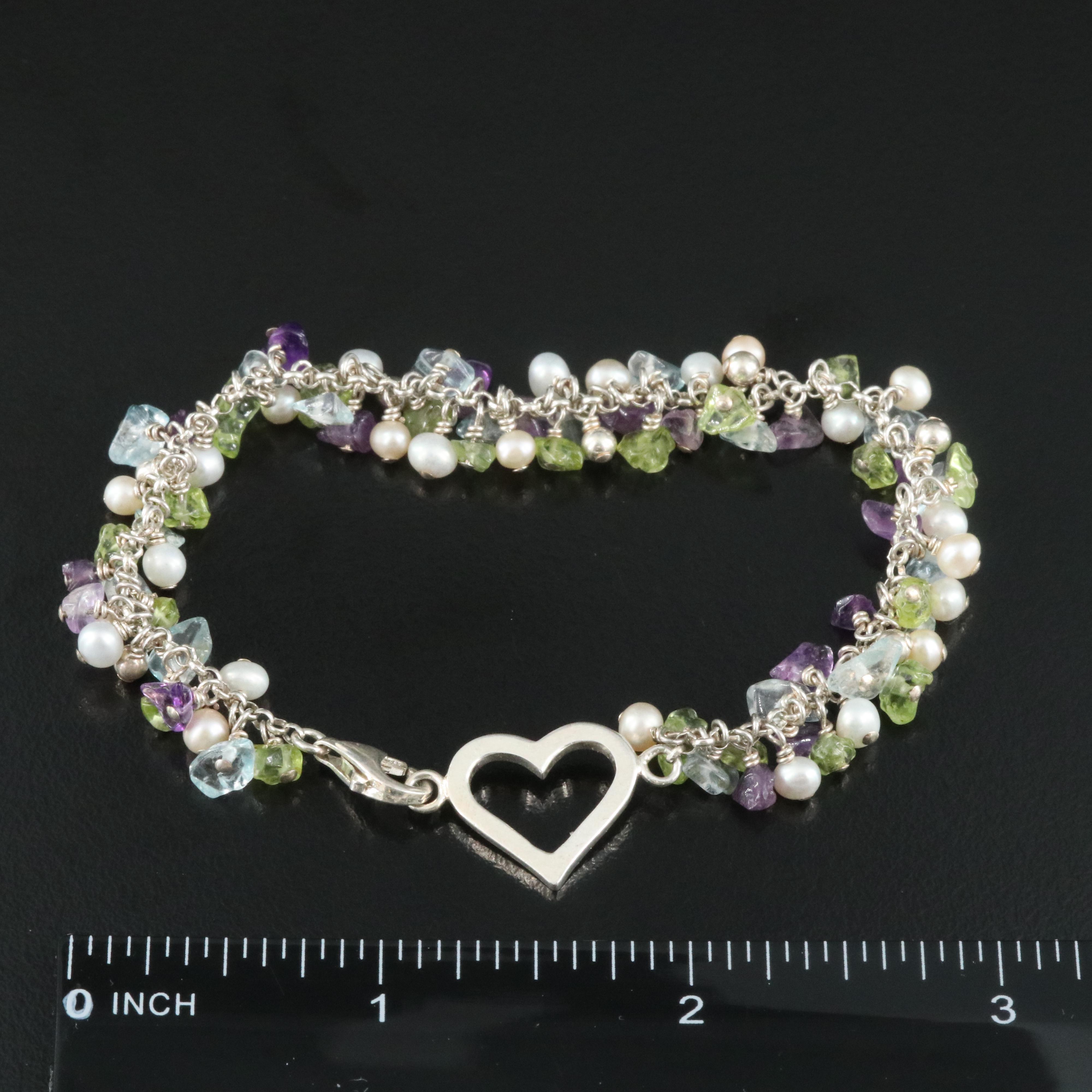 Sterling Aquamarine, Amethyst and Peridot Heart Station Bracelet