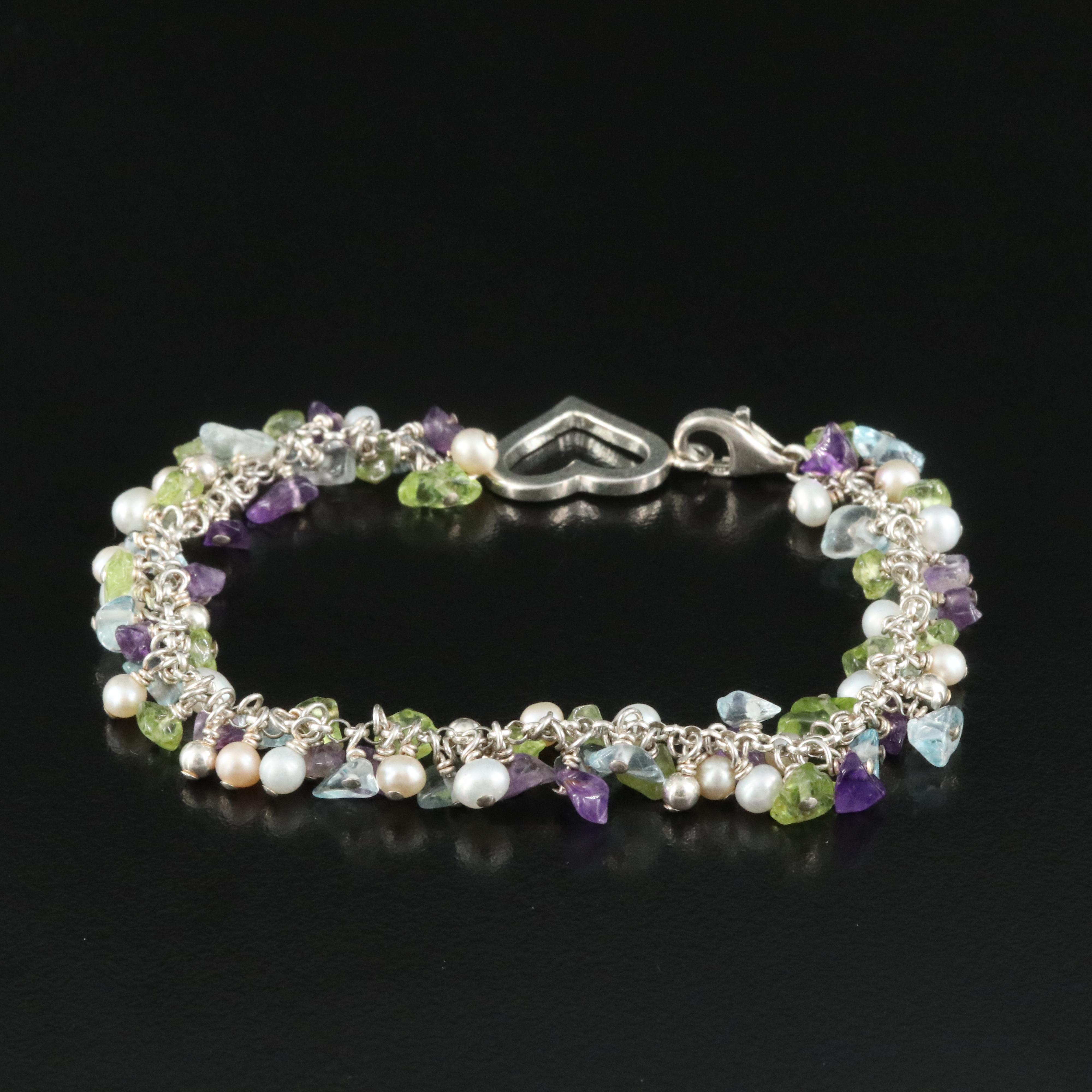 Sterling Aquamarine, Amethyst and Peridot Heart Station Bracelet