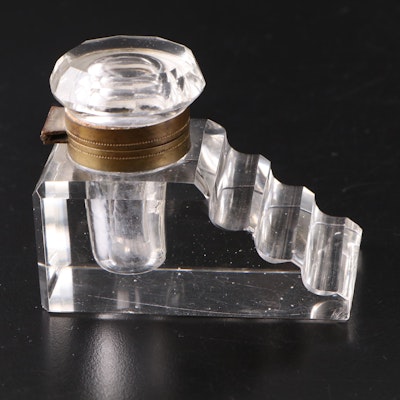 Pressed Glass Three Step Inkwell with Hinged Brass Collar and Cut Glass Knob