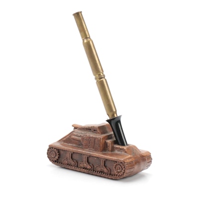 Syroco WWII Era Sherman Tank Pen Holder with Trench Art Dip Pen, Mid-20th C.